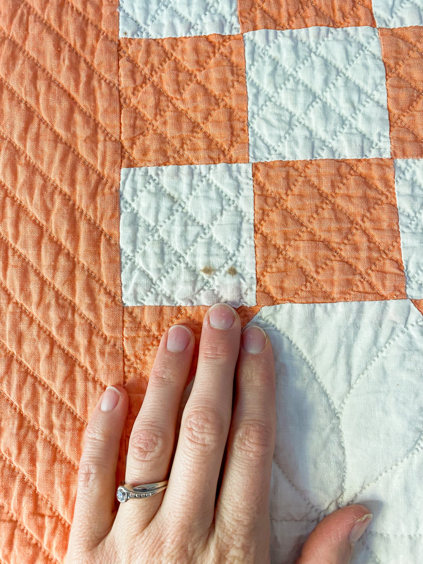 Vintage Creamsicle Orange and White Snowball Quilt, c1930