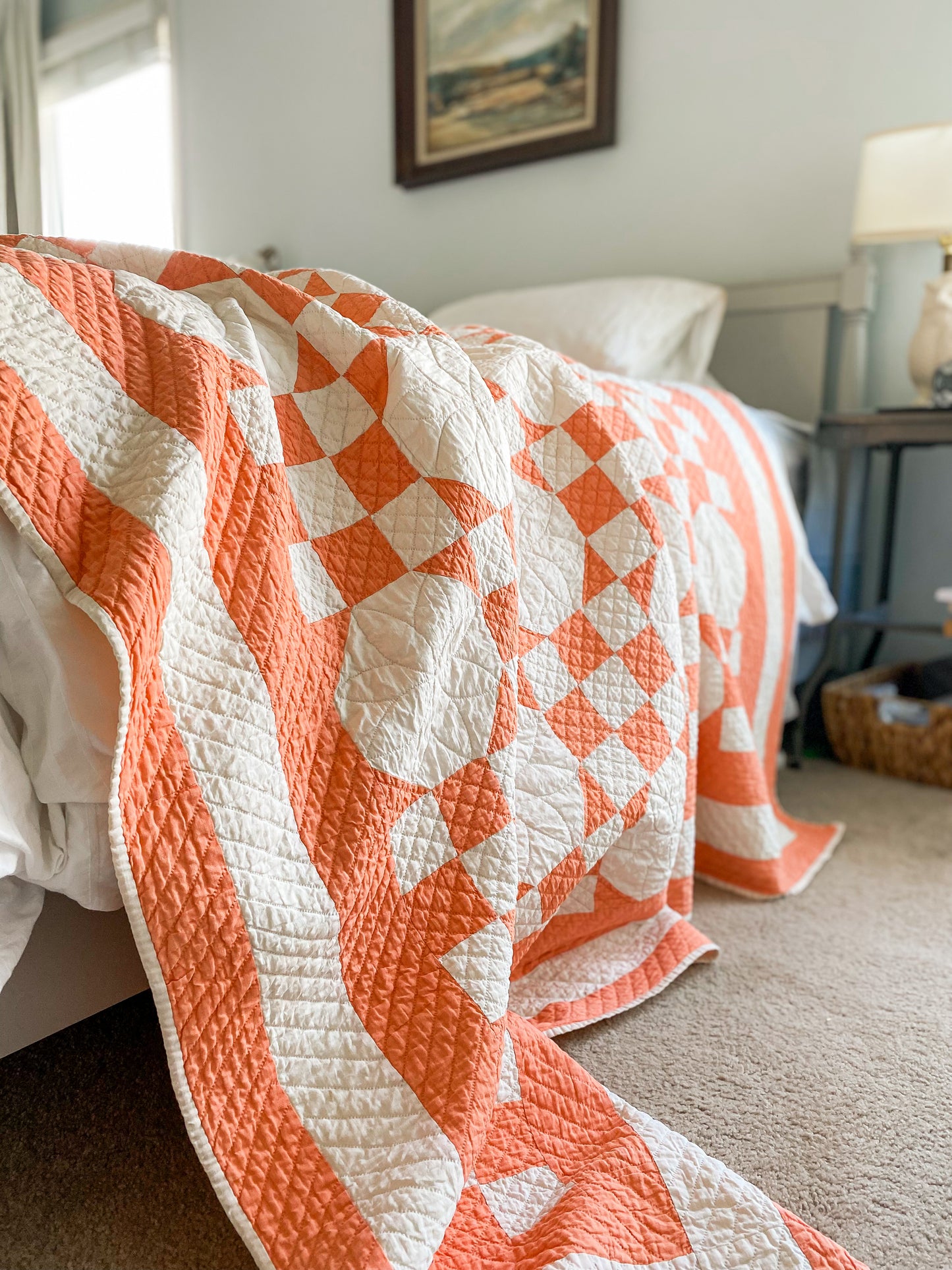 Vintage Creamsicle Orange and White Snowball Quilt, c1930