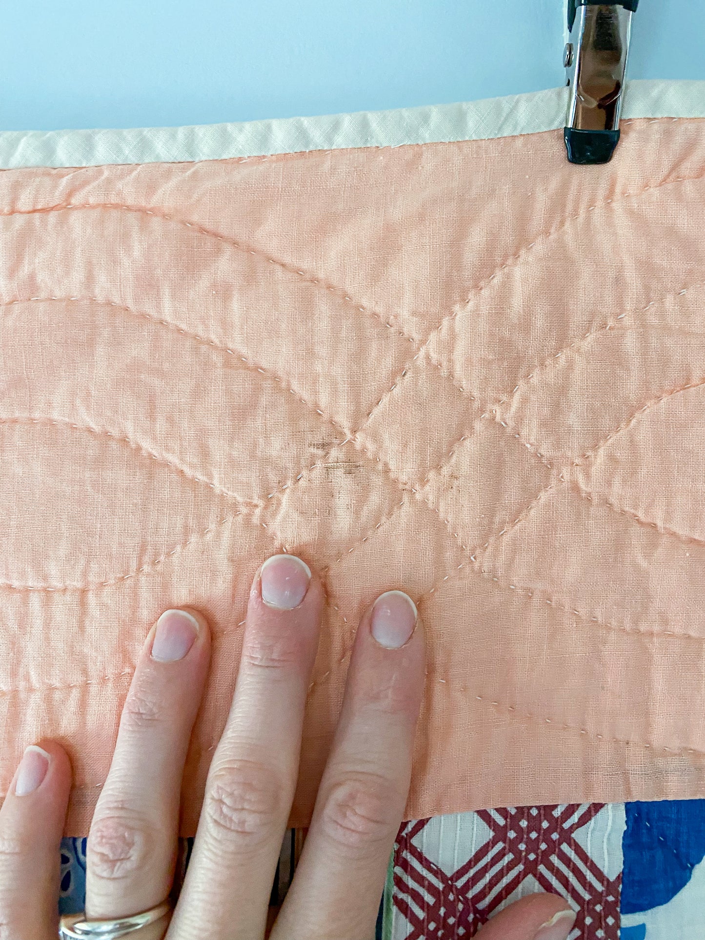 Vintage Melon Peach Medallion Patchwork Quilt, c1920