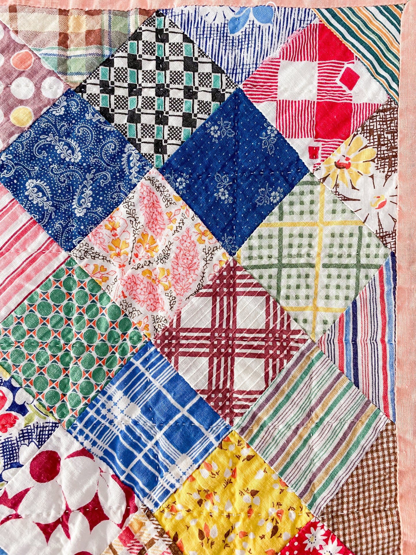 Vintage Melon Peach Medallion Patchwork Quilt, c1920