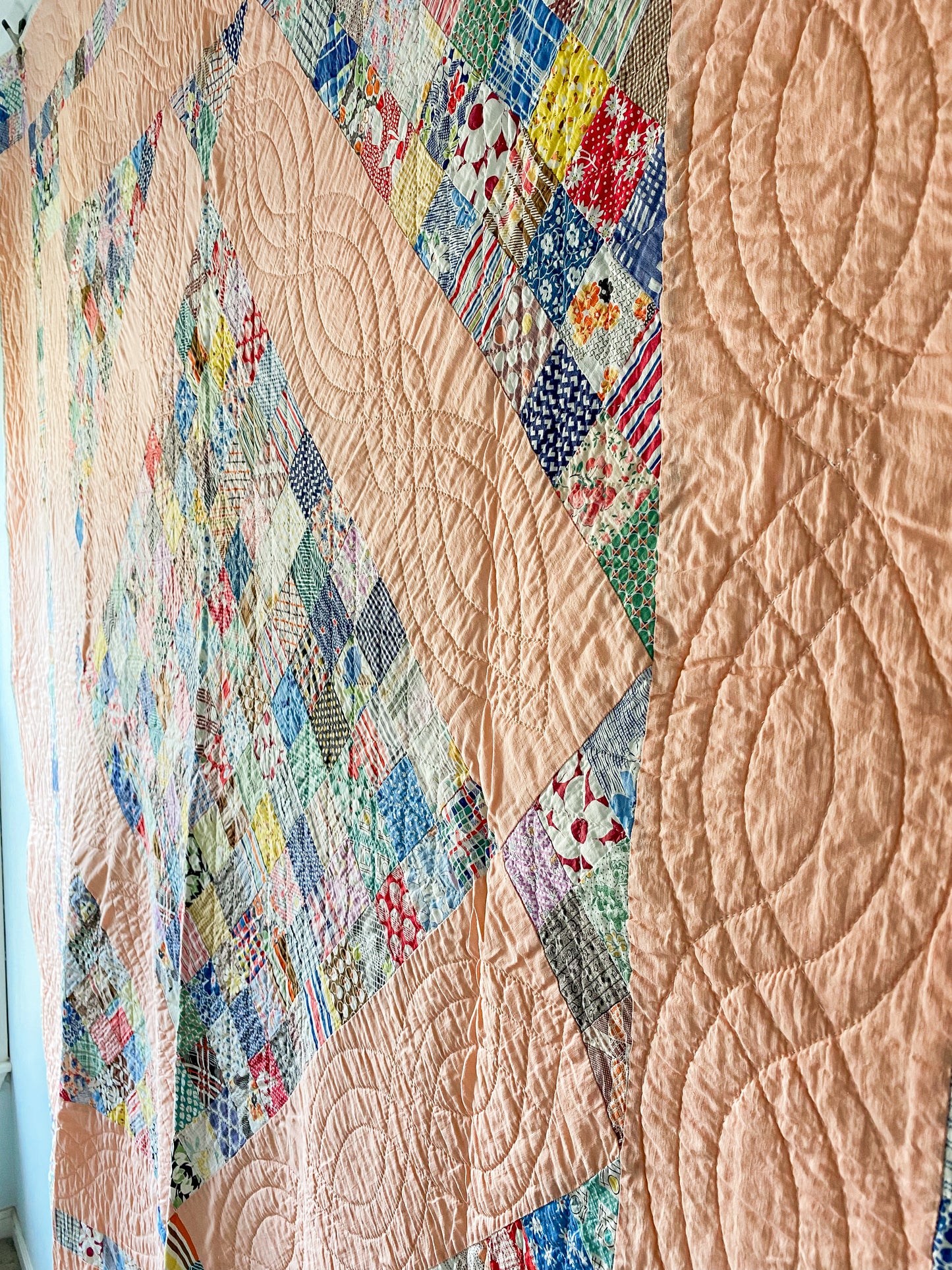 Vintage Melon Peach Medallion Patchwork Quilt, c1920