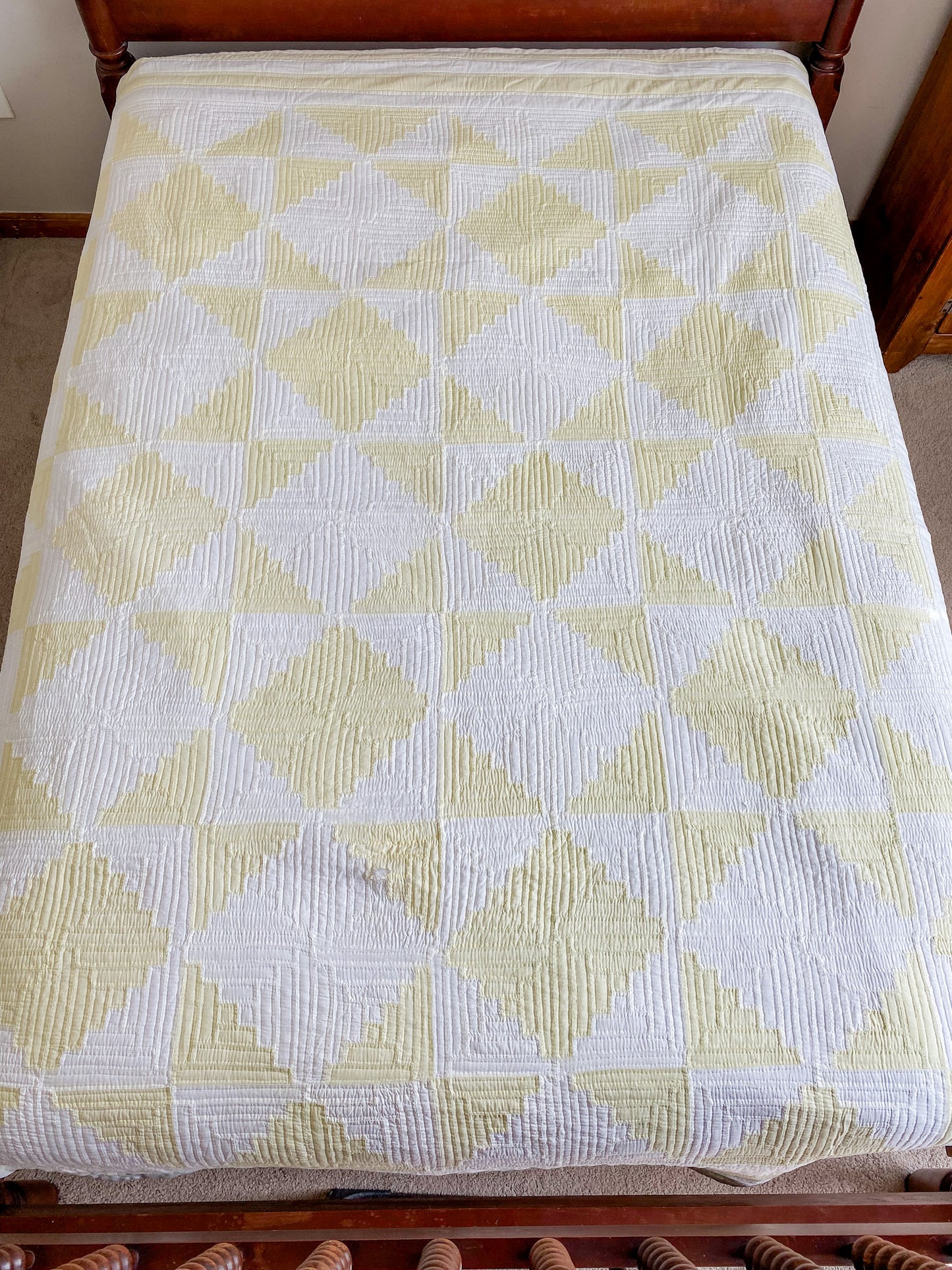 Vintage Pale Green and White Log Cabin Quilt