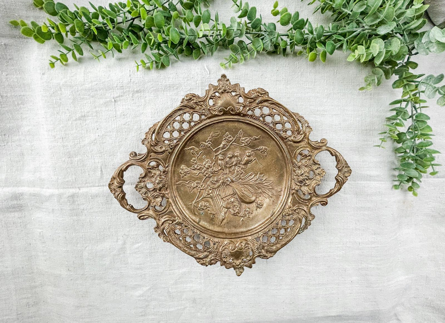 Vintage Roccoco-Style Footed Brass Decorative Tray
