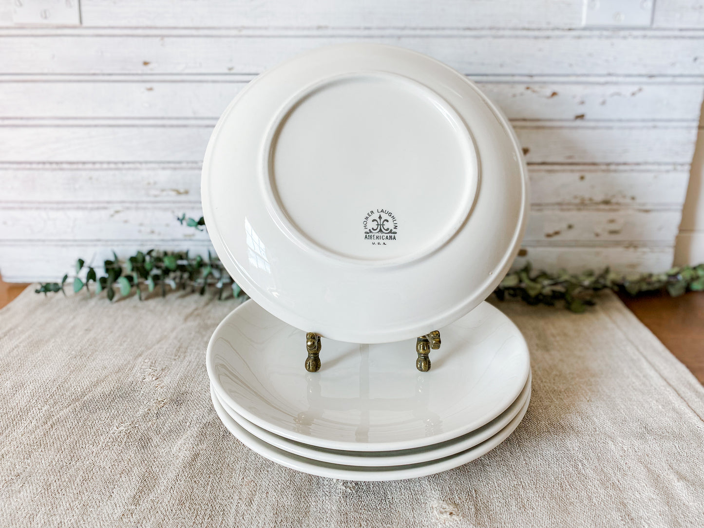 Vintage Set of Homer Laughlin Americana White Ironstone Luncheon 9" Plates, Midcentury Heavy Restaurant Ware