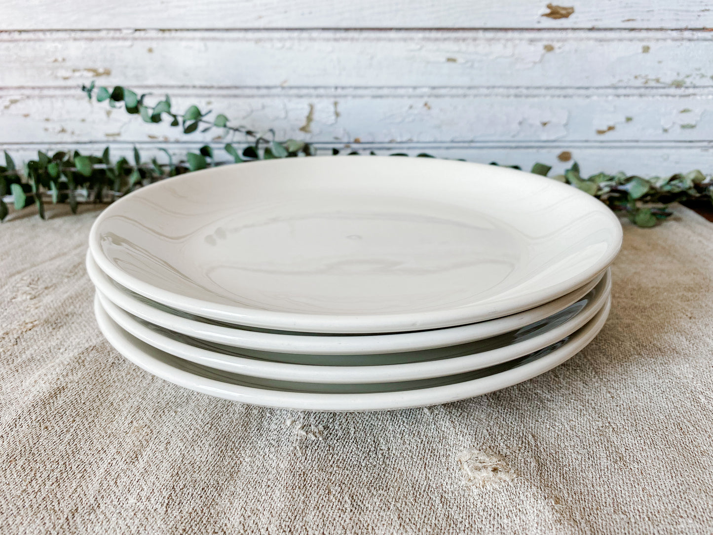Vintage Set of Homer Laughlin Americana White Ironstone Luncheon 9" Plates, Midcentury Heavy Restaurant Ware