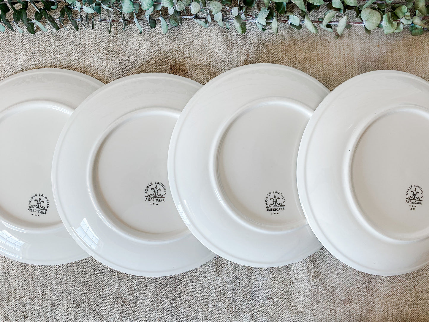Vintage Set of Homer Laughlin Americana White Ironstone Luncheon 9" Plates, Midcentury Heavy Restaurant Ware