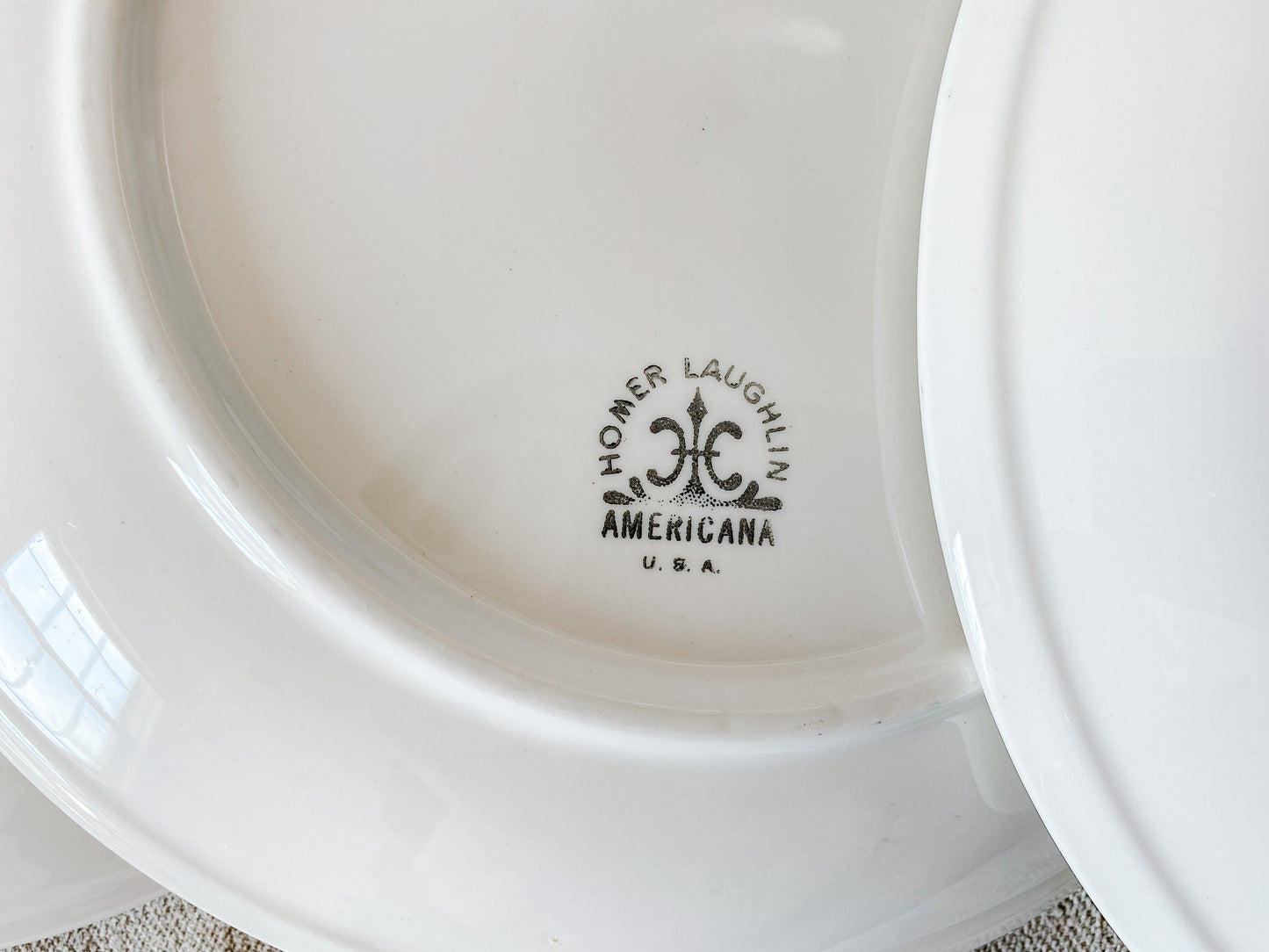 Vintage Set of Homer Laughlin Americana White Ironstone Luncheon 9" Plates, Midcentury Heavy Restaurant Ware