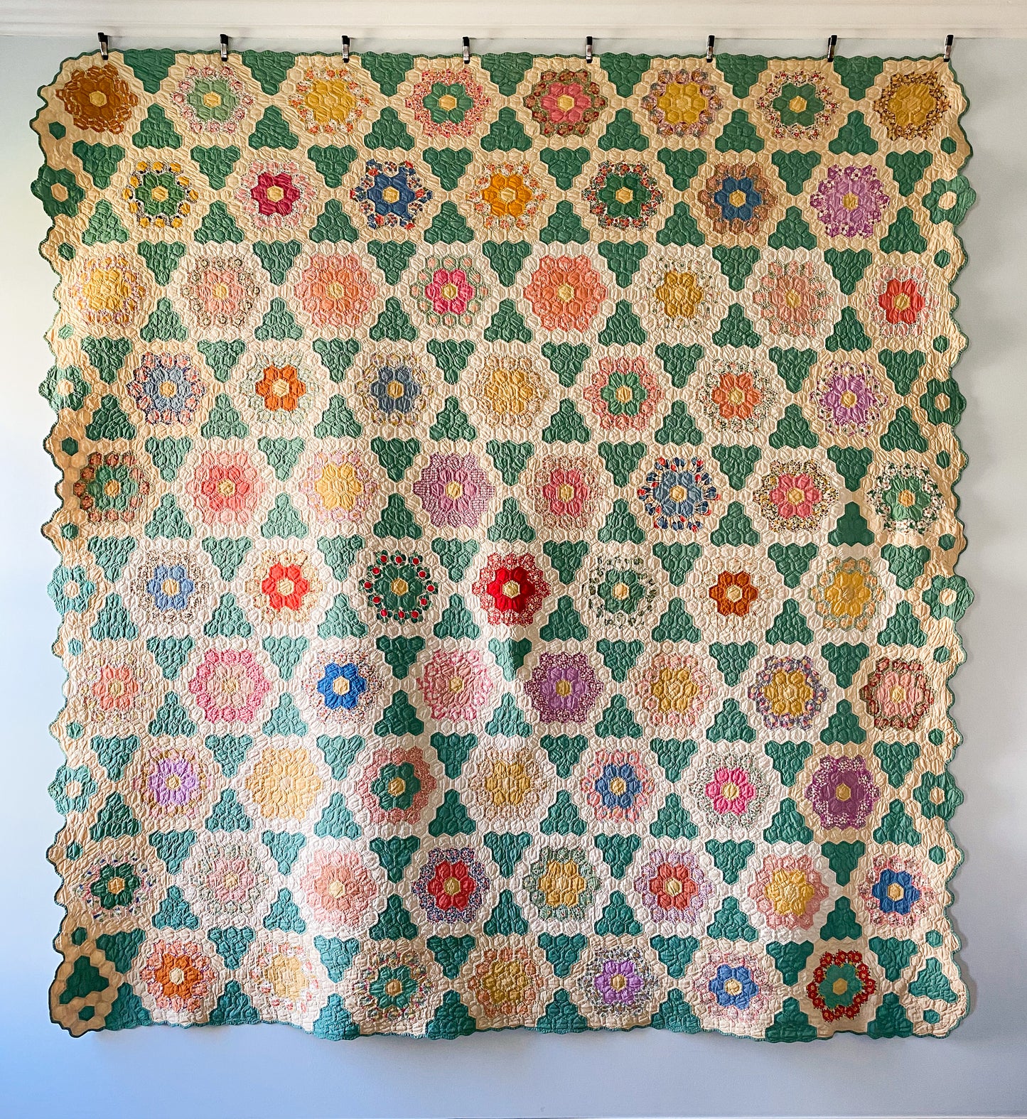 Vintage Green and Tan Grandmother's Flower Garden Quilt with Matching Runner, c1930s