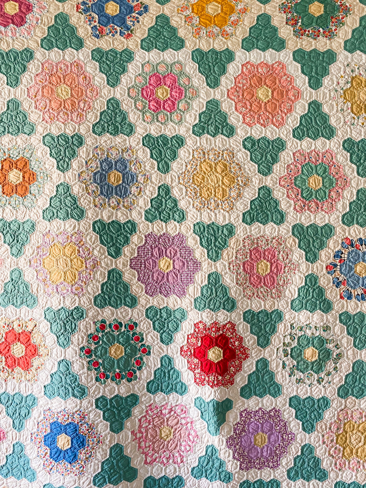 Vintage Green and Tan Grandmother's Flower Garden Quilt with Matching Runner, c1930s