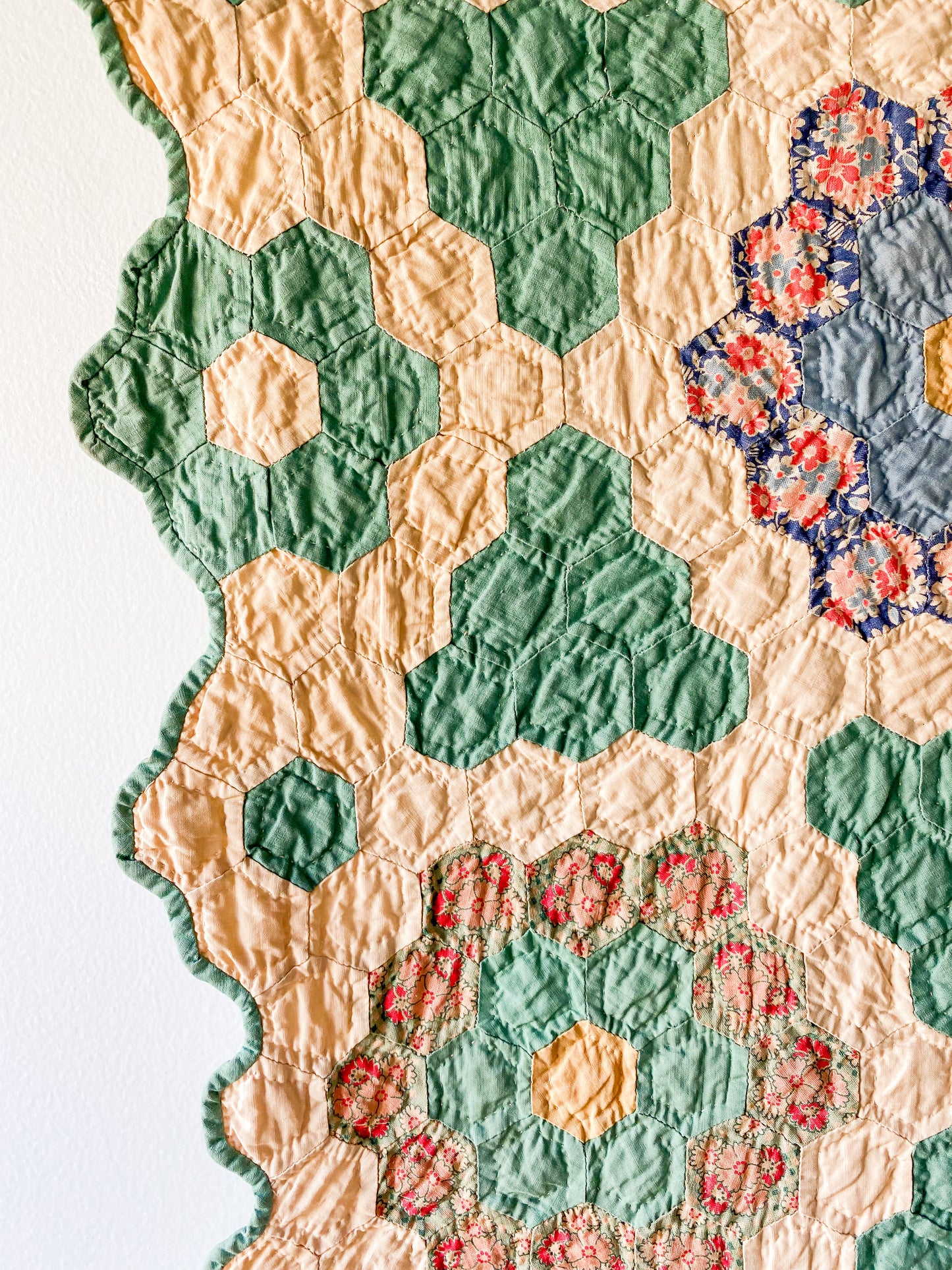 Vintage Green and Tan Grandmother's Flower Garden Quilt with Matching Runner, c1930s