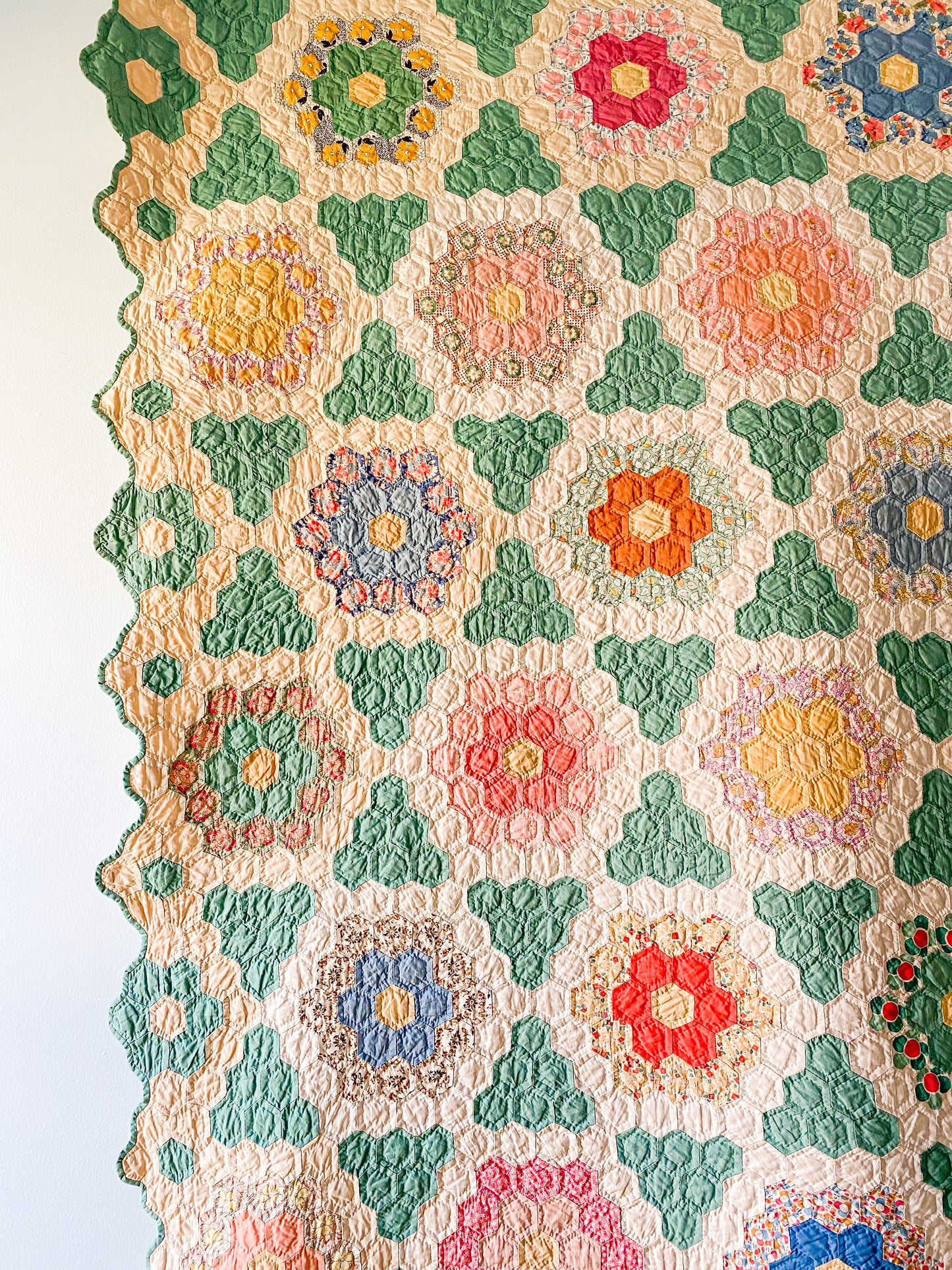 Vintage Green and Tan Grandmother's Flower Garden Quilt with Matching Runner, c1930s