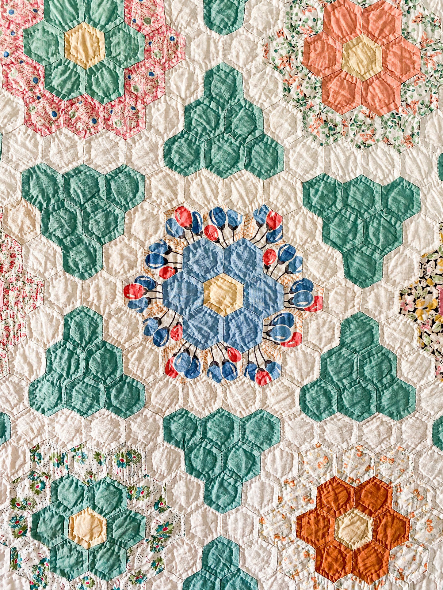 Vintage Green and Tan Grandmother's Flower Garden Quilt with Matching Runner, c1930s