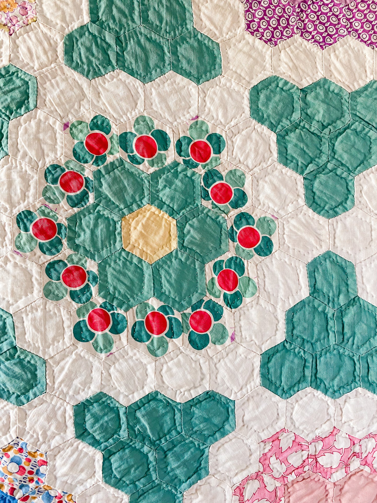 Vintage Green and Tan Grandmother's Flower Garden Quilt with Matching Runner, c1930s