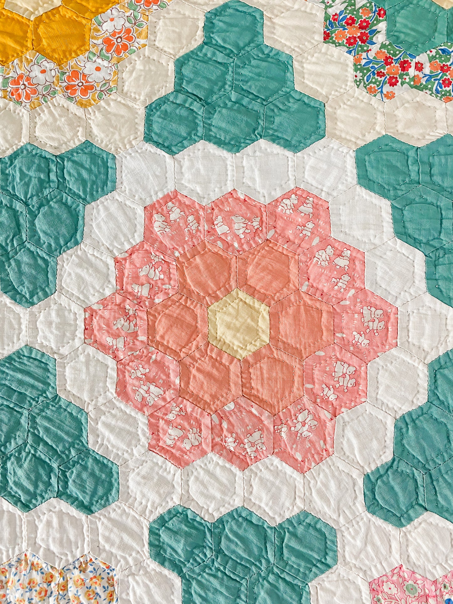 Vintage Green and Tan Grandmother's Flower Garden Quilt with Matching Runner, c1930s