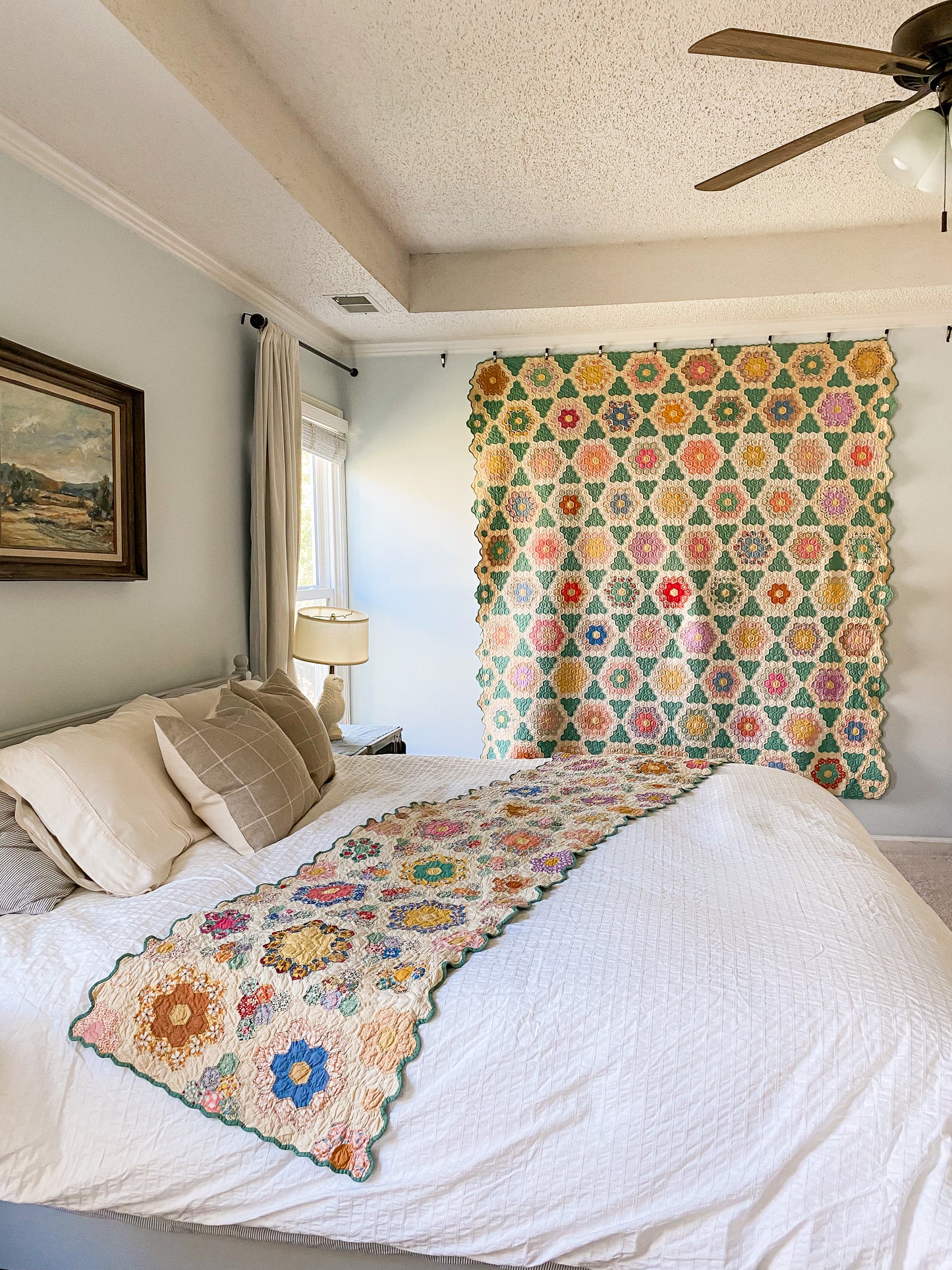 Vintage Green and Tan Grandmother's Flower Garden Quilt with Matching Runner, c1930s