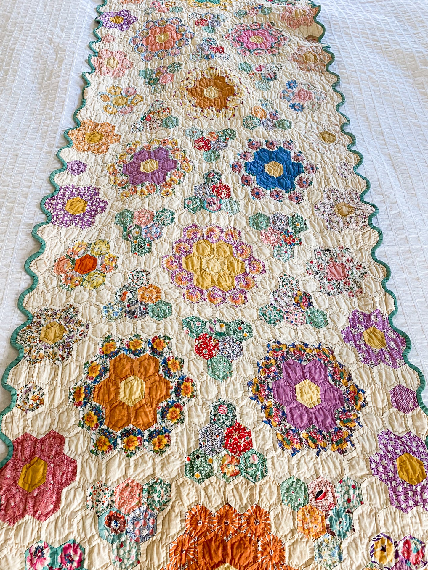 Vintage Green and Tan Grandmother's Flower Garden Quilt with Matching Runner, c1930s