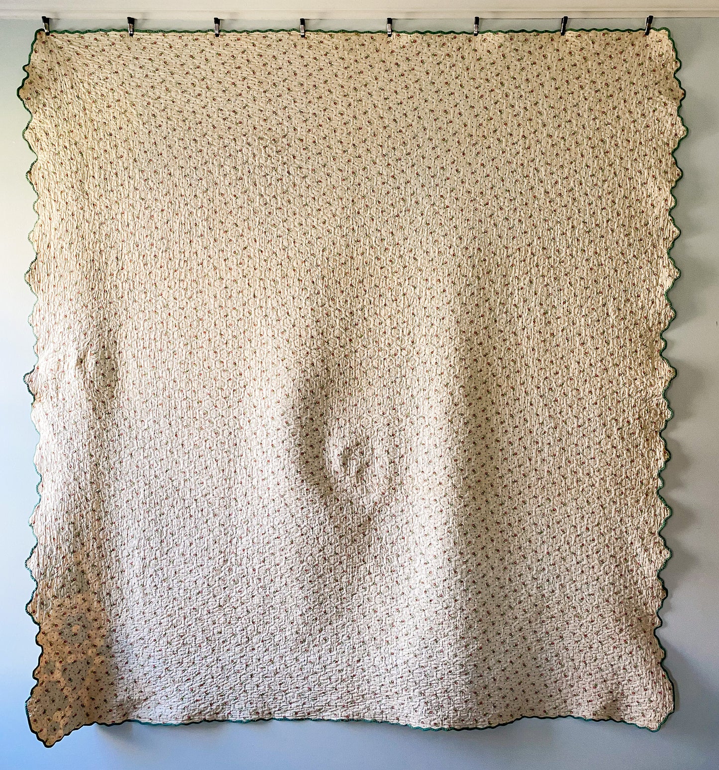 Vintage Green and Tan Grandmother's Flower Garden Quilt with Matching Runner, c1930s