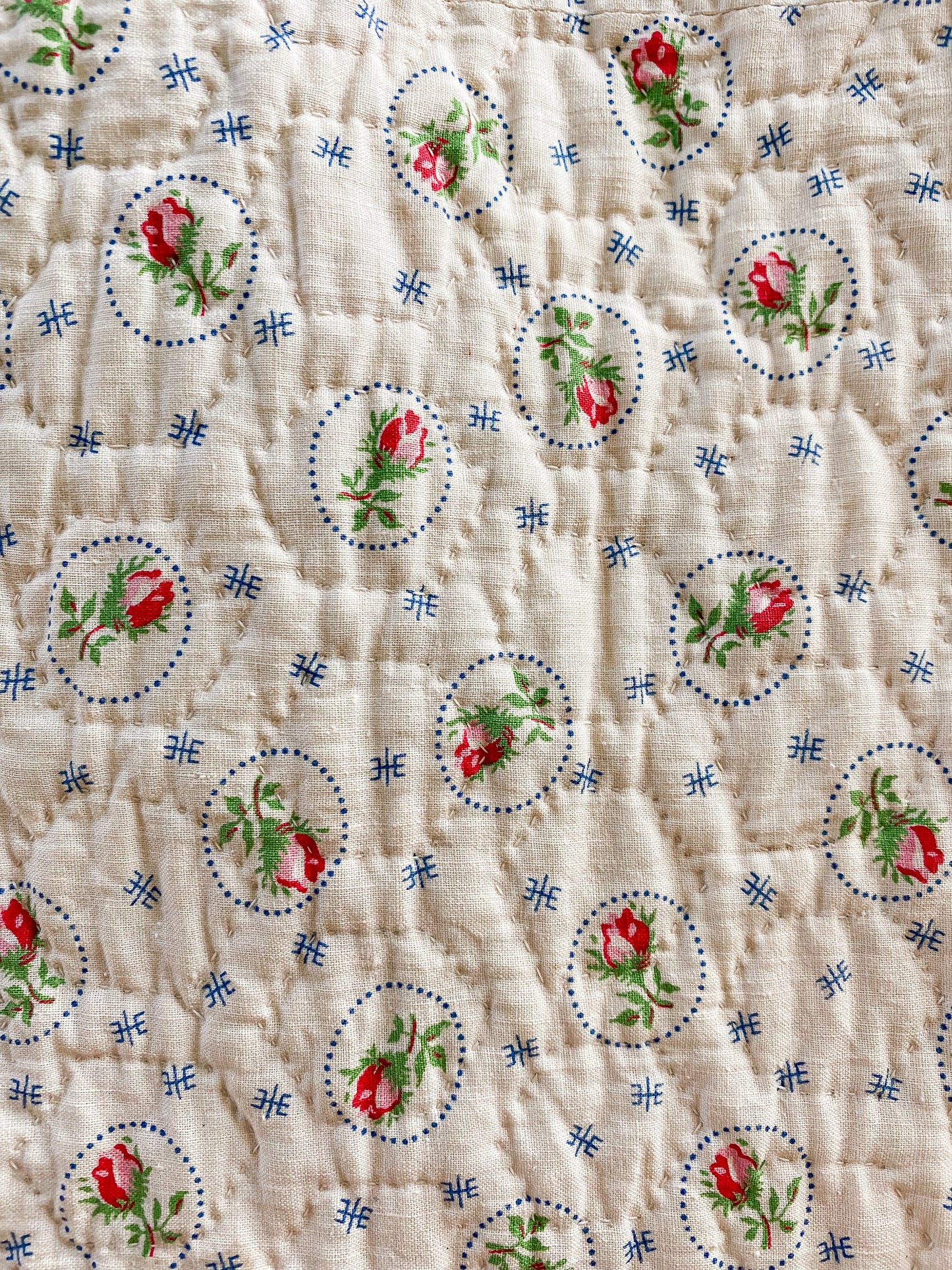Vintage Green and Tan Grandmother's Flower Garden Quilt with Matching Runner, c1930s