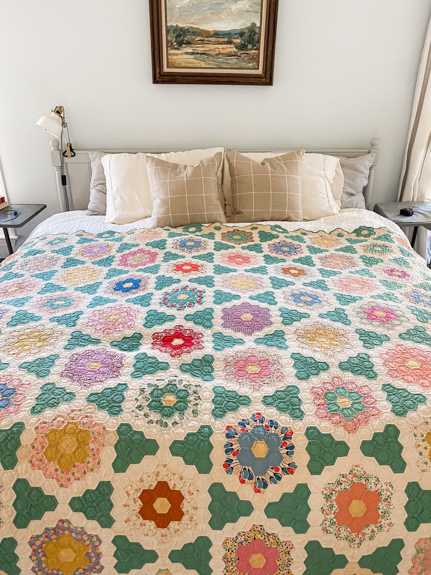 Vintage Green and Tan Grandmother's Flower Garden Quilt with Matching Runner, c1930s