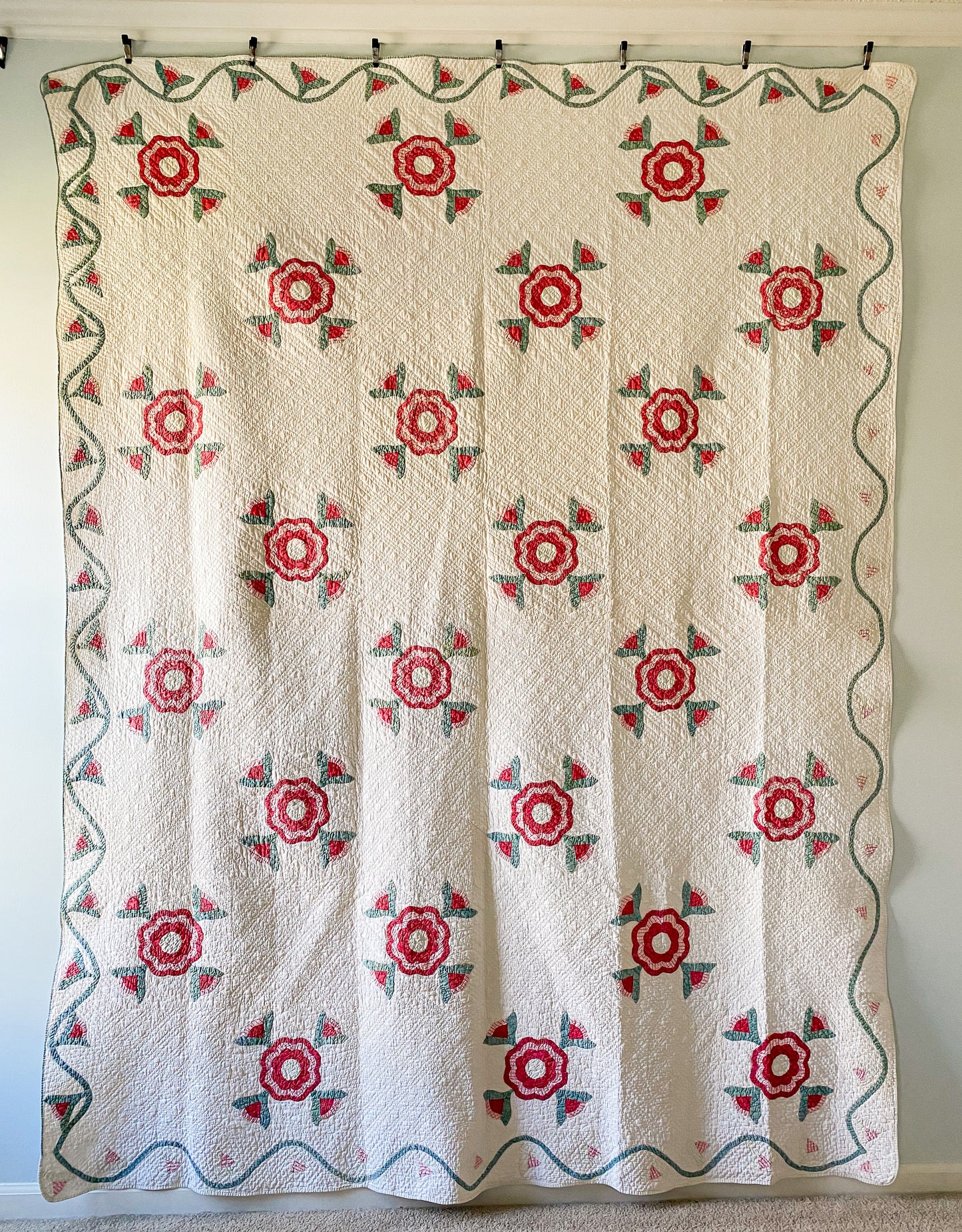 Antique Red and Overdye Green California Rose Applique Quilt c1880s, 90" x 67"