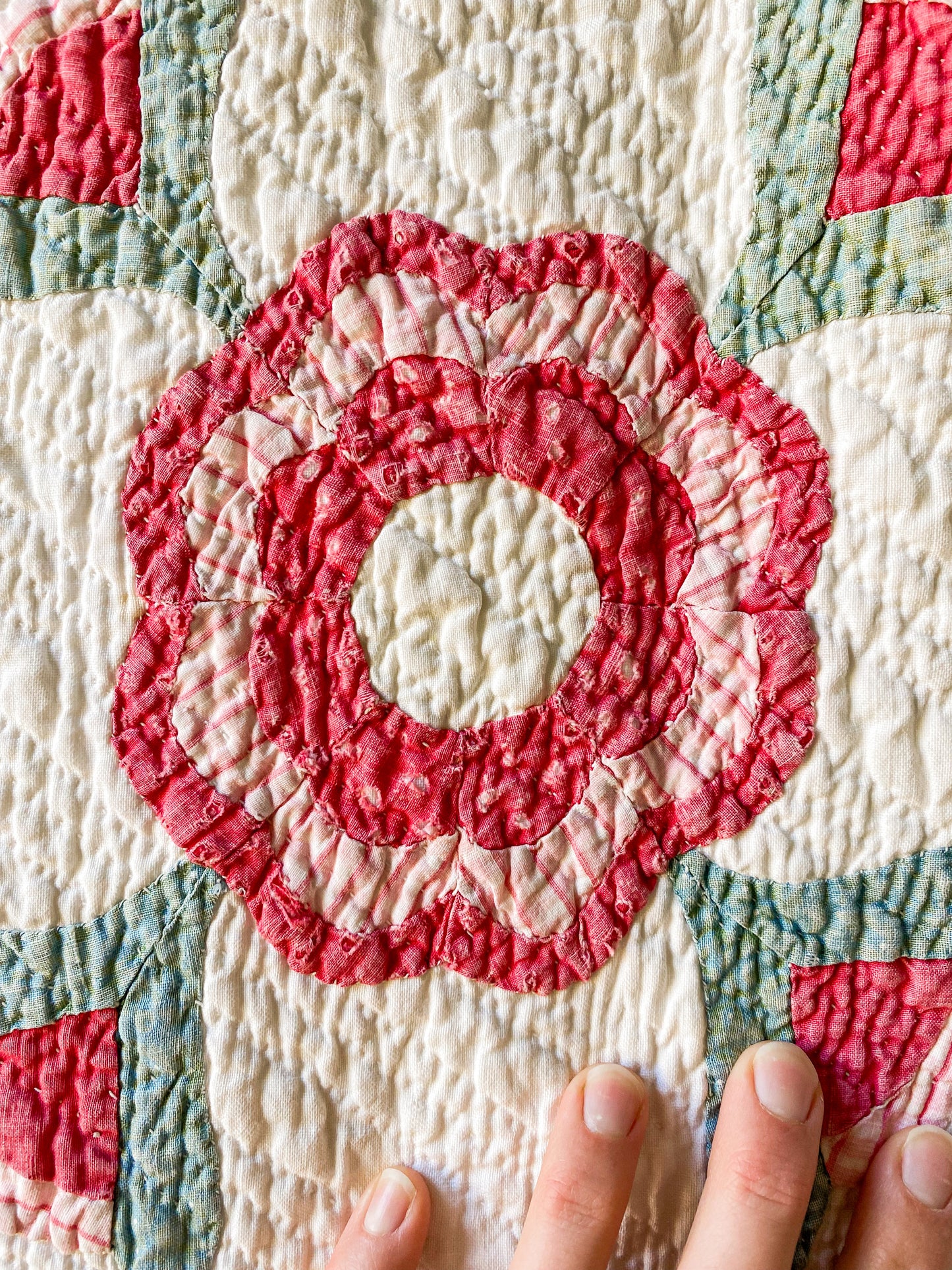 Antique Red and Overdye Green California Rose Applique Quilt c1880s, 90" x 67"