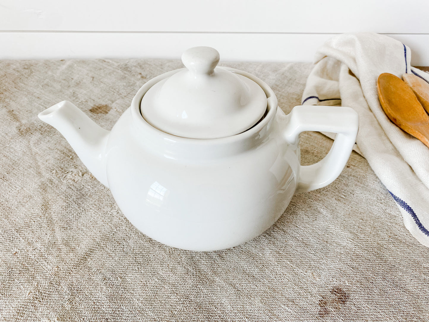Vintage Heavy White Ceramic Teapot | Simple Cottage Farmhouse Kitchen