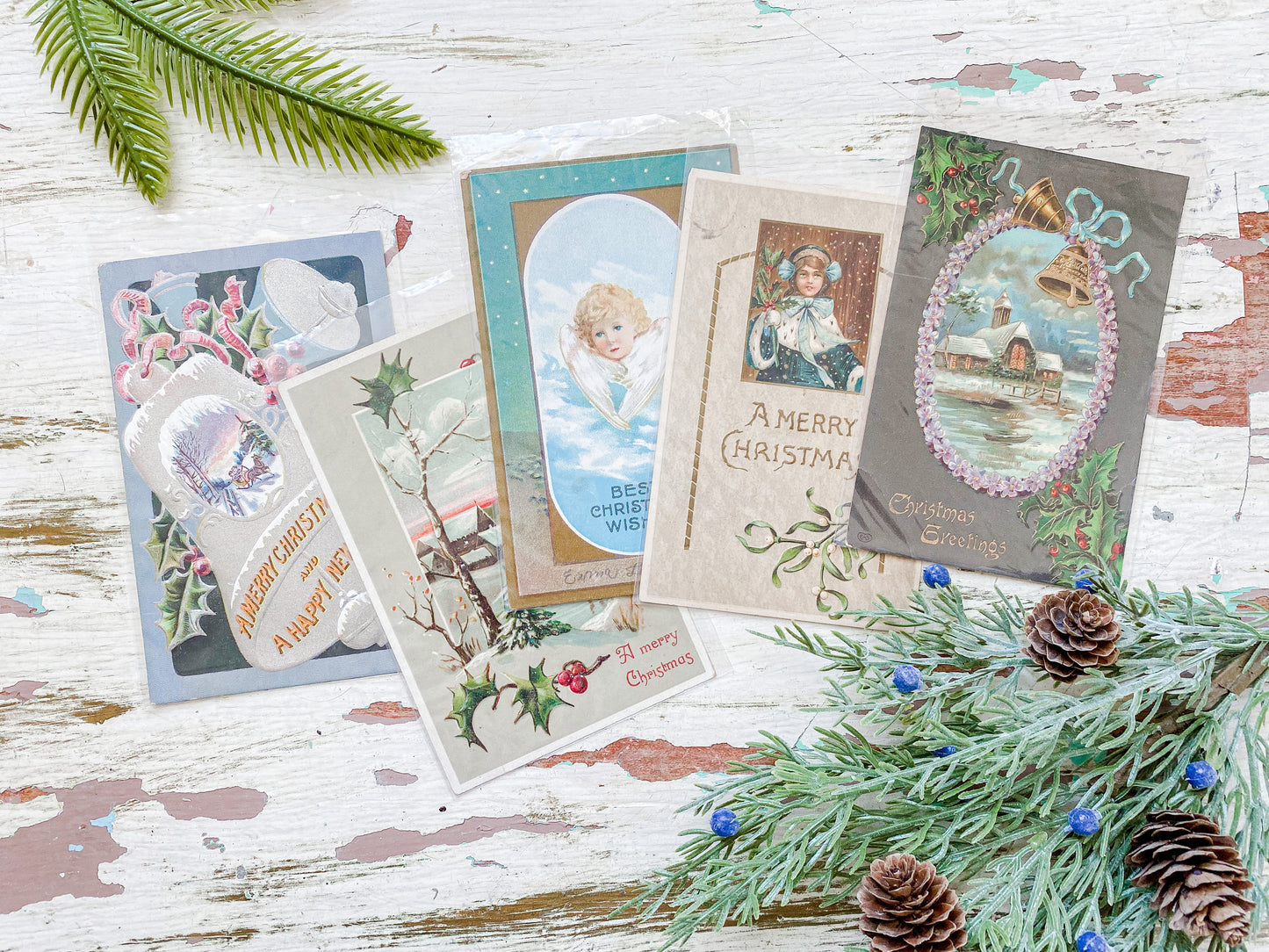 Set of 5 Antique Christmas Cards, Muted Neutrals Holiday Postcards