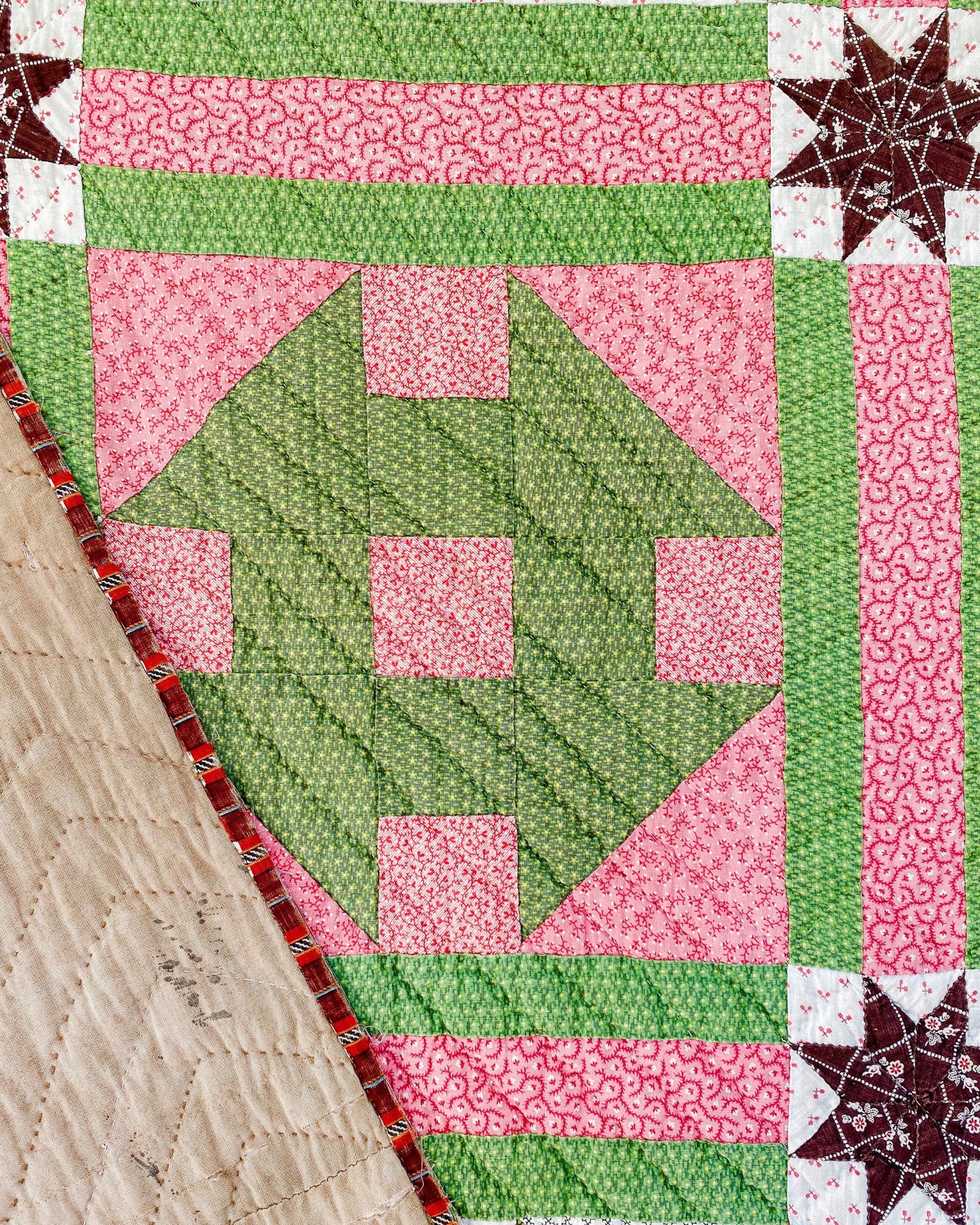 Antique Pink and Green Quilt, Churn Dash Monkey Wrench, c1900, 83" x 68"