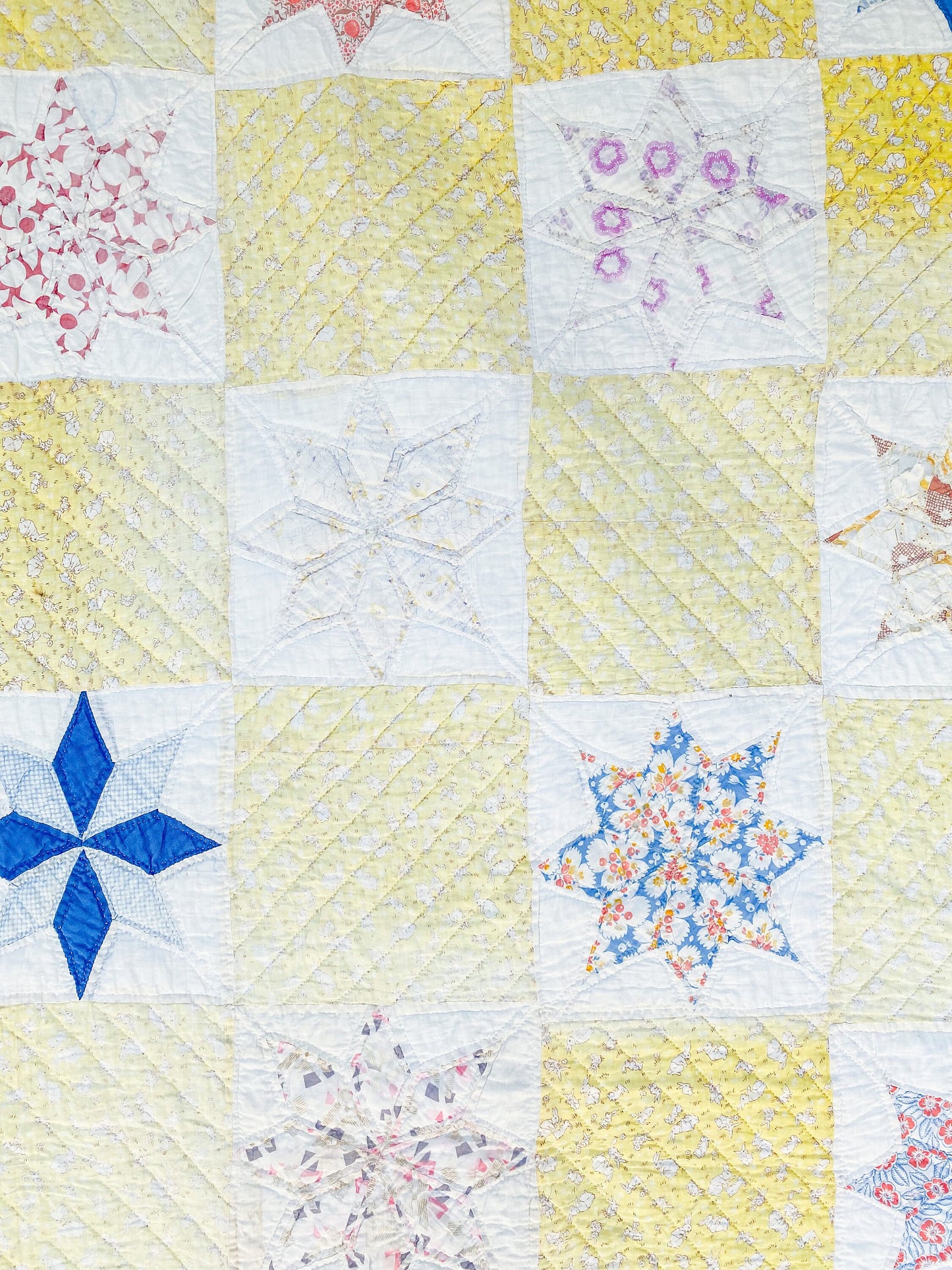 Vintage Yellow and Blue Eight Point Star Quilt, c1950s, 79" x 76"