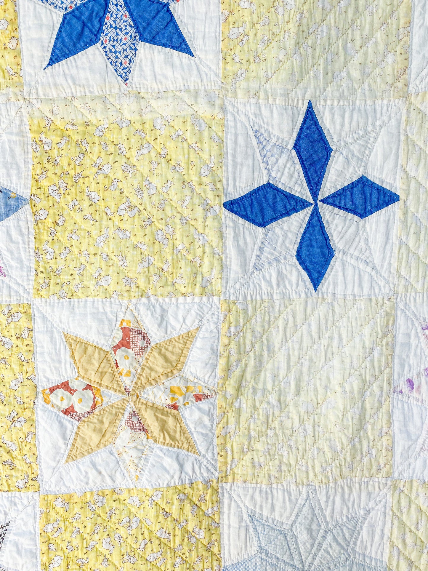 Vintage Yellow and Blue Eight Point Star Quilt, c1950s, 79" x 76"