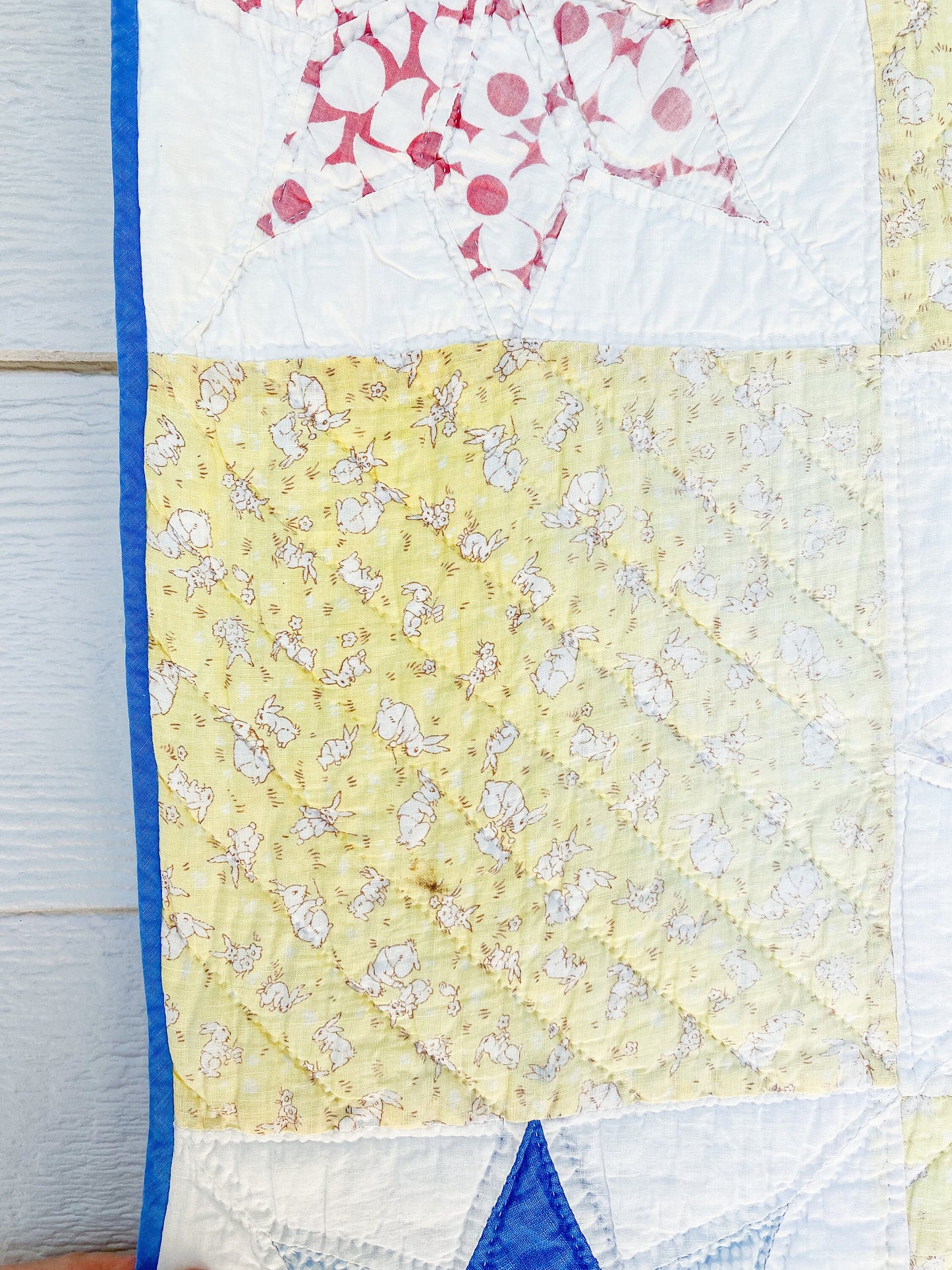 Vintage Yellow and Blue Eight Point Star Quilt, c1950s, 79" x 76"