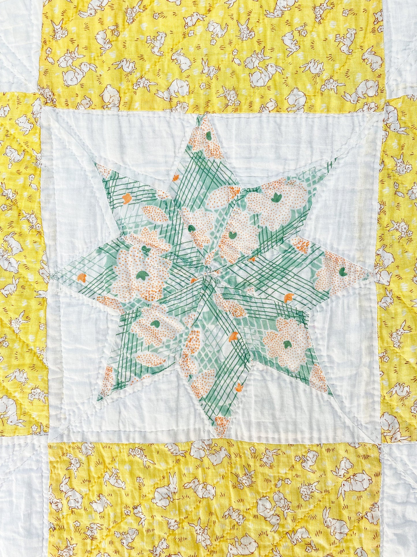 Vintage Yellow and Blue Eight Point Star Quilt, c1950s, 79" x 76"