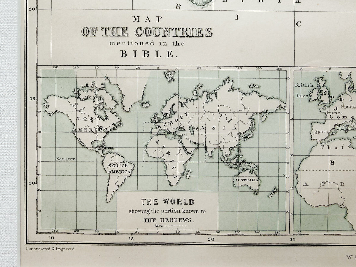 Antique 19th Century Bible Lands Map in Custom Black and Gold Frame
