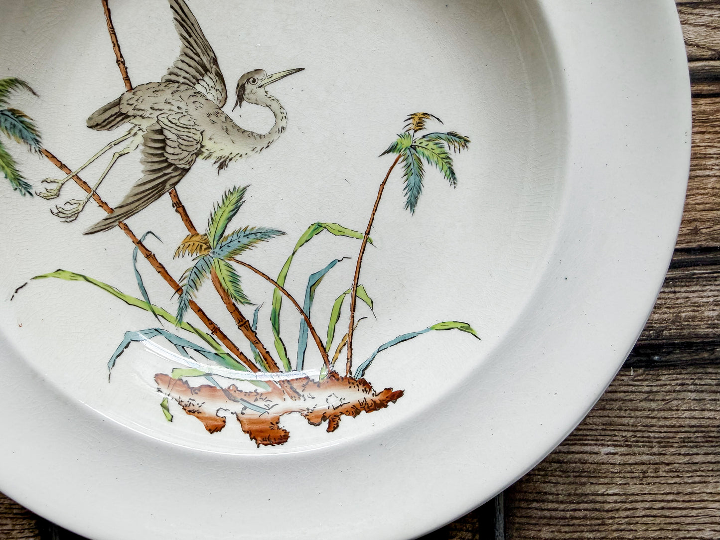 Copeland Palms & Egret Polychrome Ironstone Soup Bowl, c1870