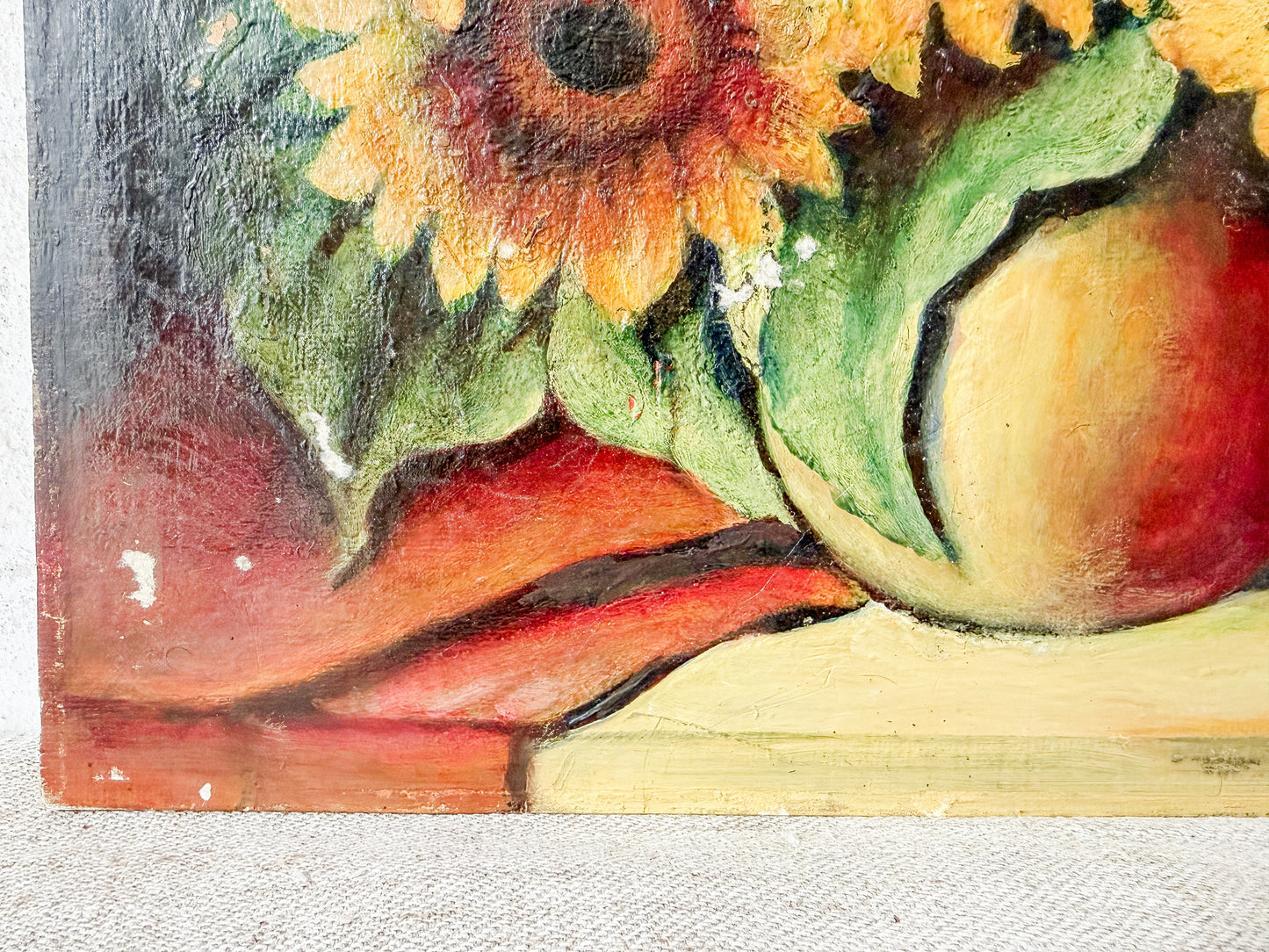 Unframed Oil Painting of Sunflowers in Vase, Signed B. Maak