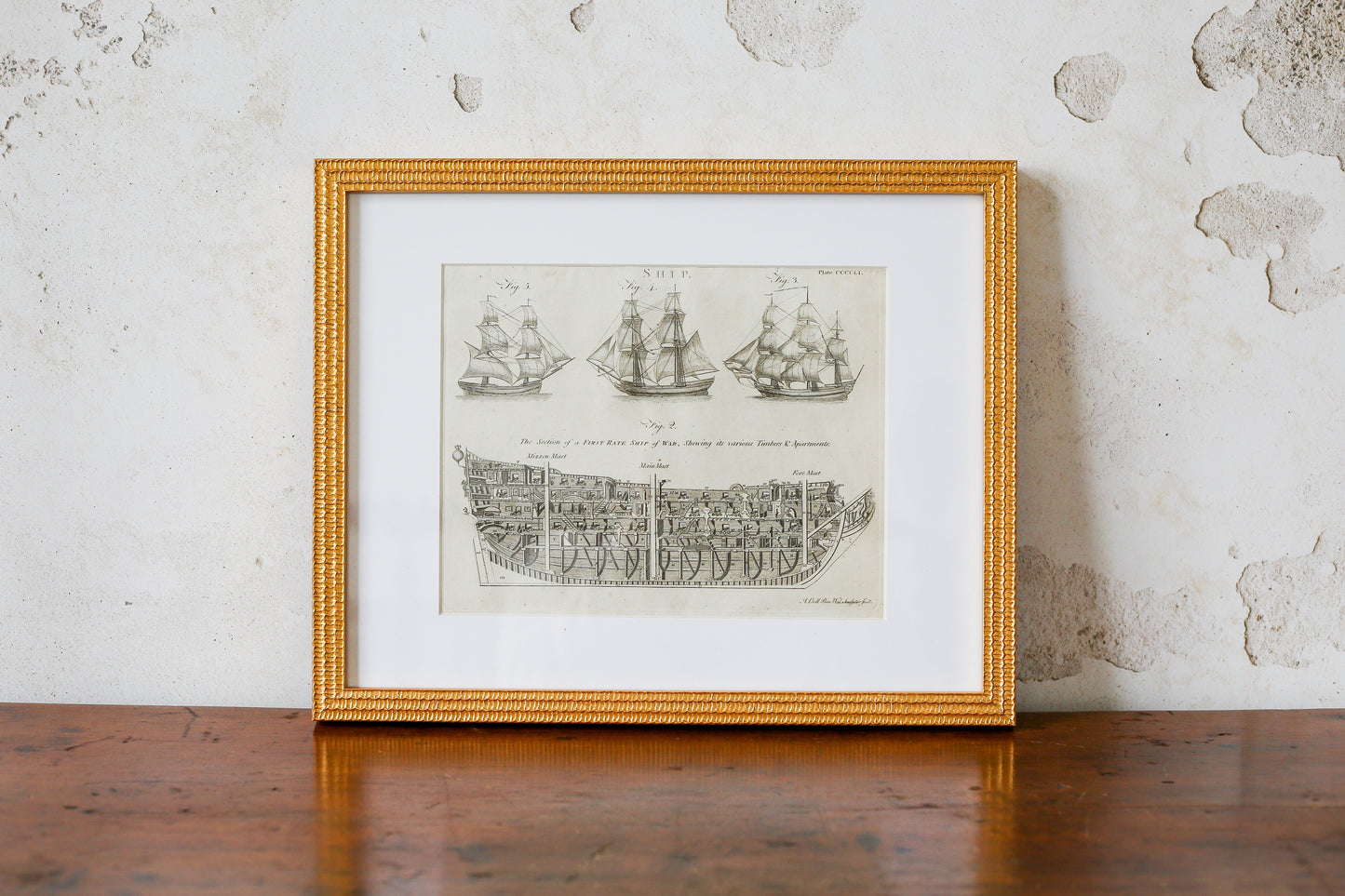 18th Century Copper Plate Engraving Cross-Section of Ship of War | Contemporary Textured Gilt Frame