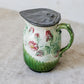 Antique Green & Pink Floral Majolica Jug with Pewter Lid