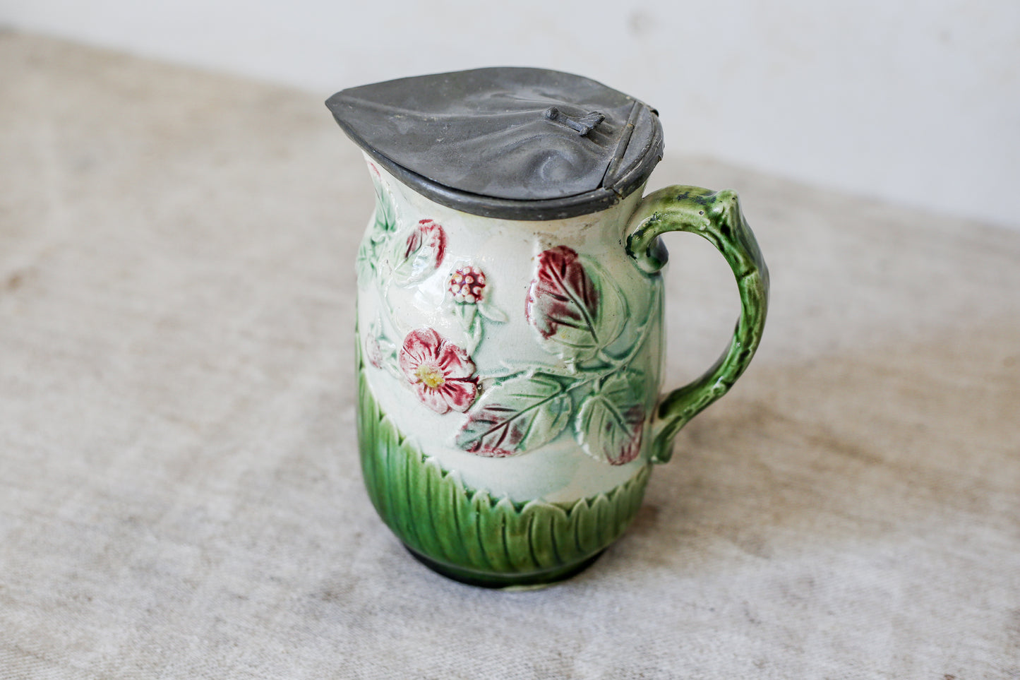 Antique Green & Pink Floral Majolica Jug with Pewter Lid