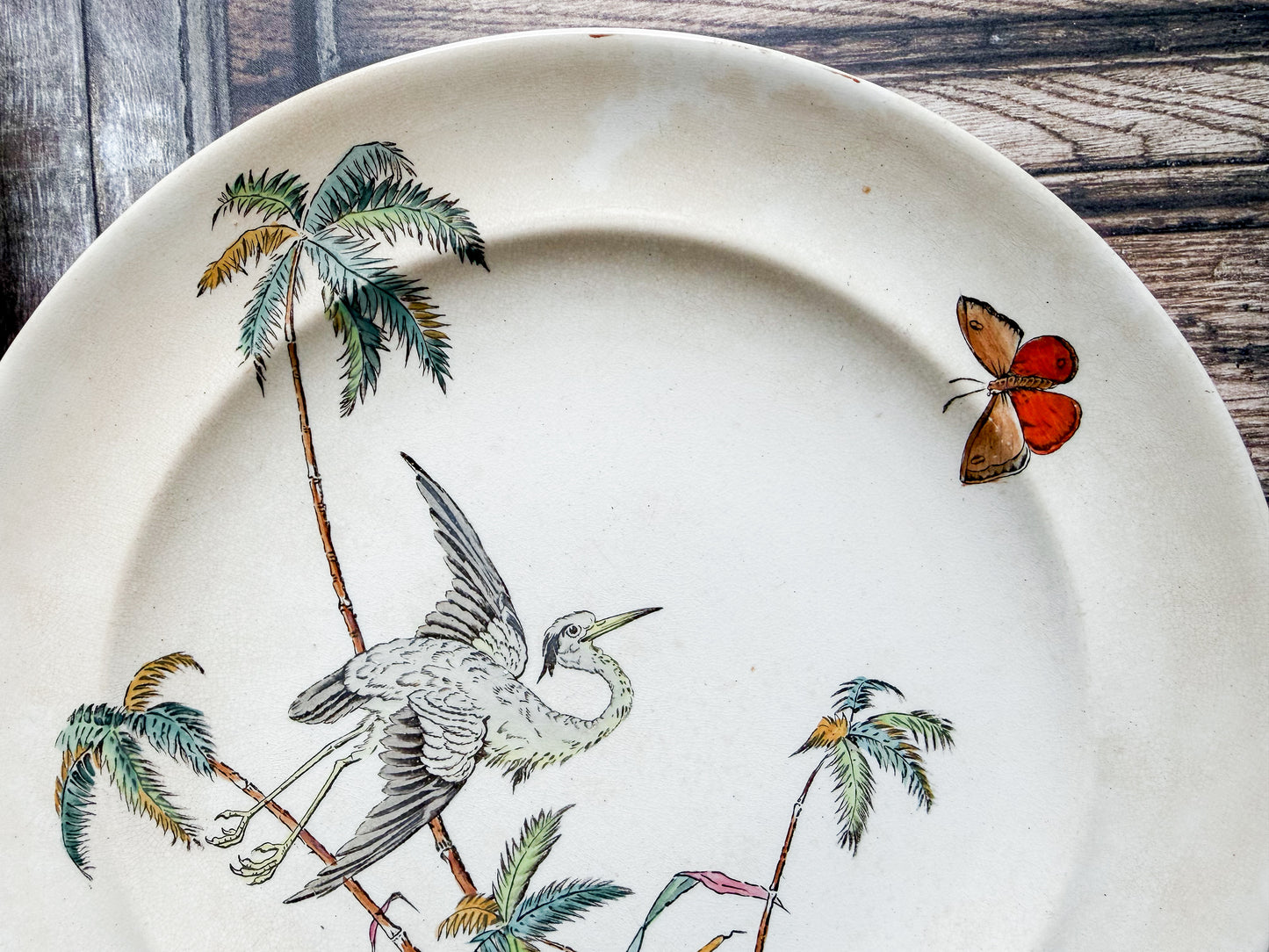 Set of 2 Copeland Palms & Egret Ironstone Polychrome 10" Dinner Plates, c1870