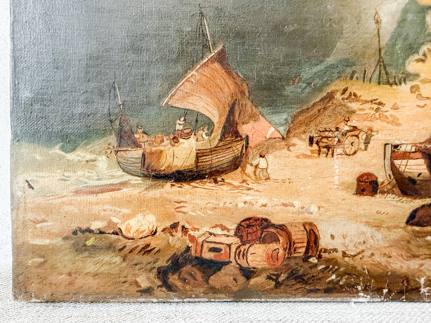 Antique Moody Coastal Scene with Fishing Boats, c1900