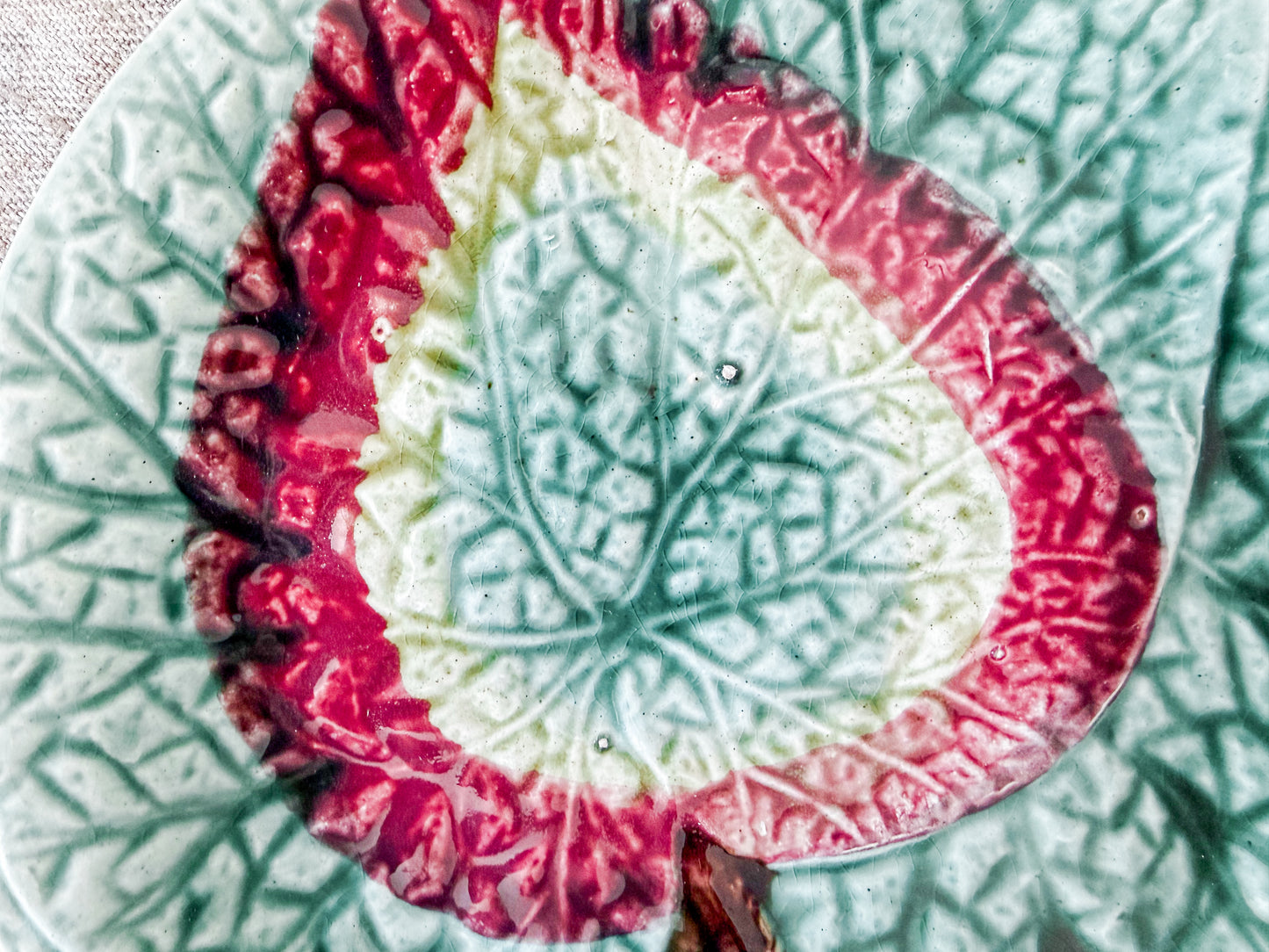Majolica Green and Magenta Begonia Leaf Plate, c1880