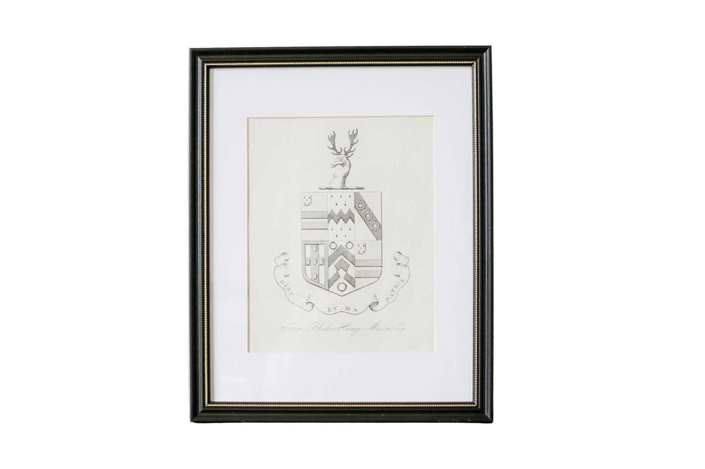 Framed artwork with a deer emblem on a textured wall.