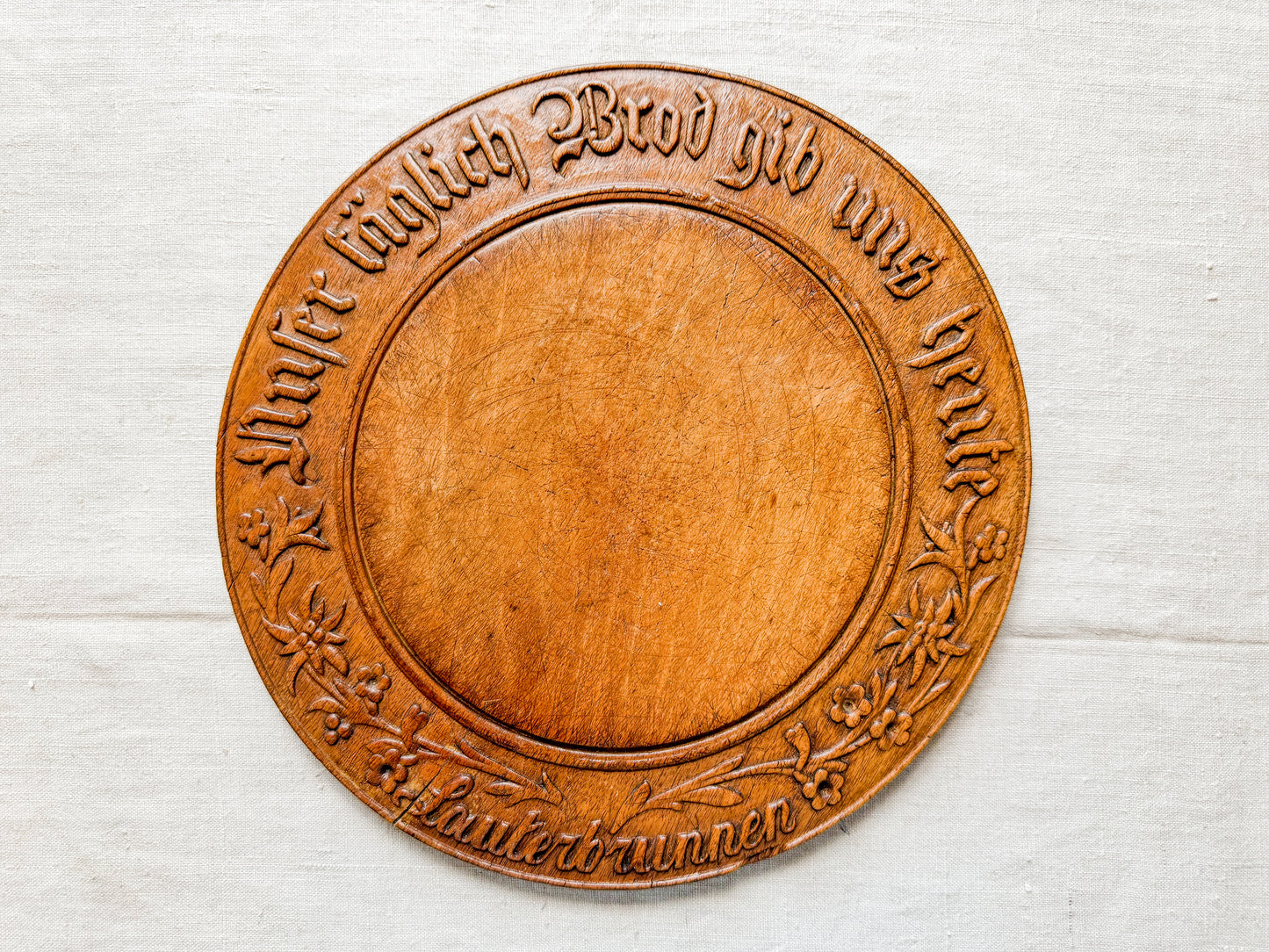 Swiss German "Give Us This Day Our Daily Bread" Carved Bread Board, Lauterbrunnen, c1880