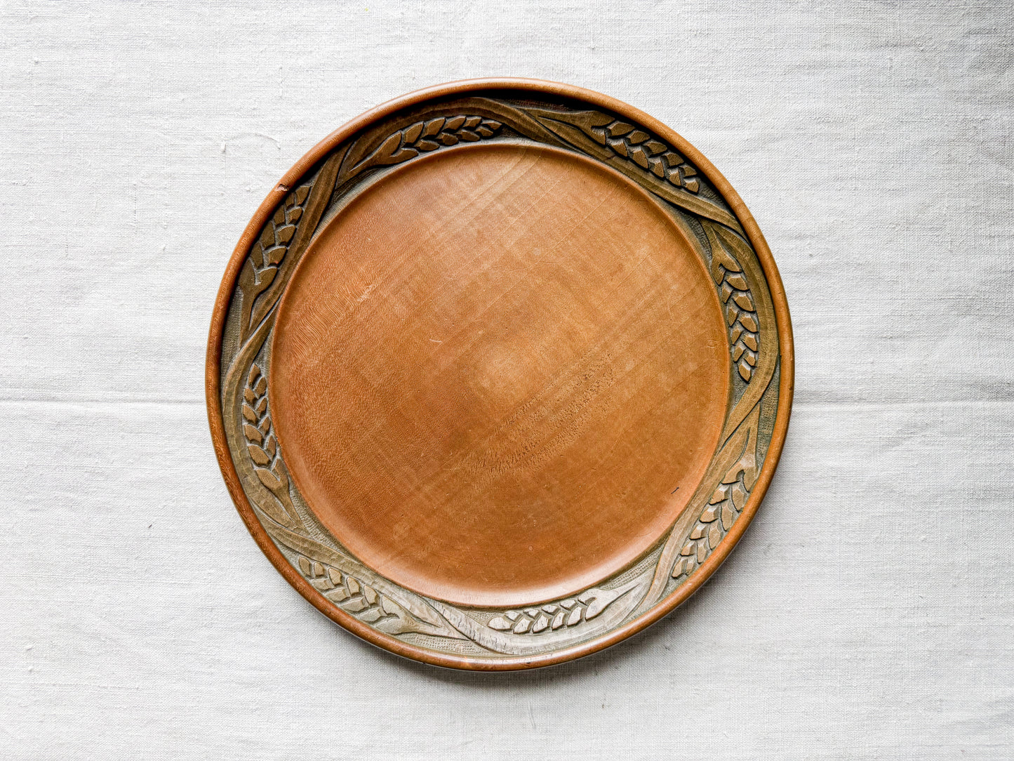 Carved Wheat Border Wooden Bread Plate, c1940
