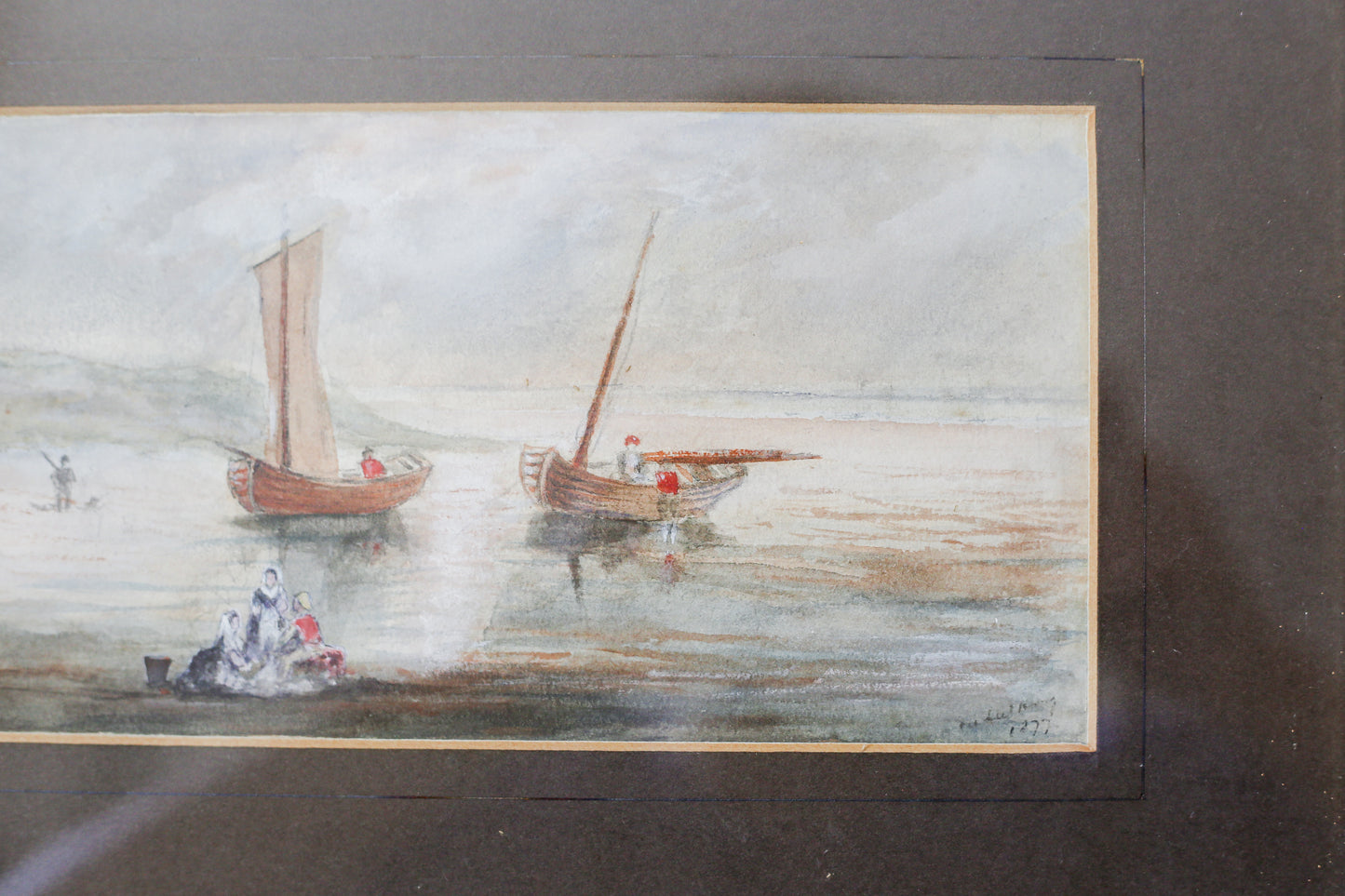 Antique 1877 Maritime Fishing Scene Watercolor Painting