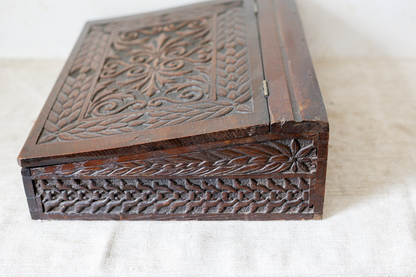 1892 Carved Wood Sloped Desk Box with "JM" Initials