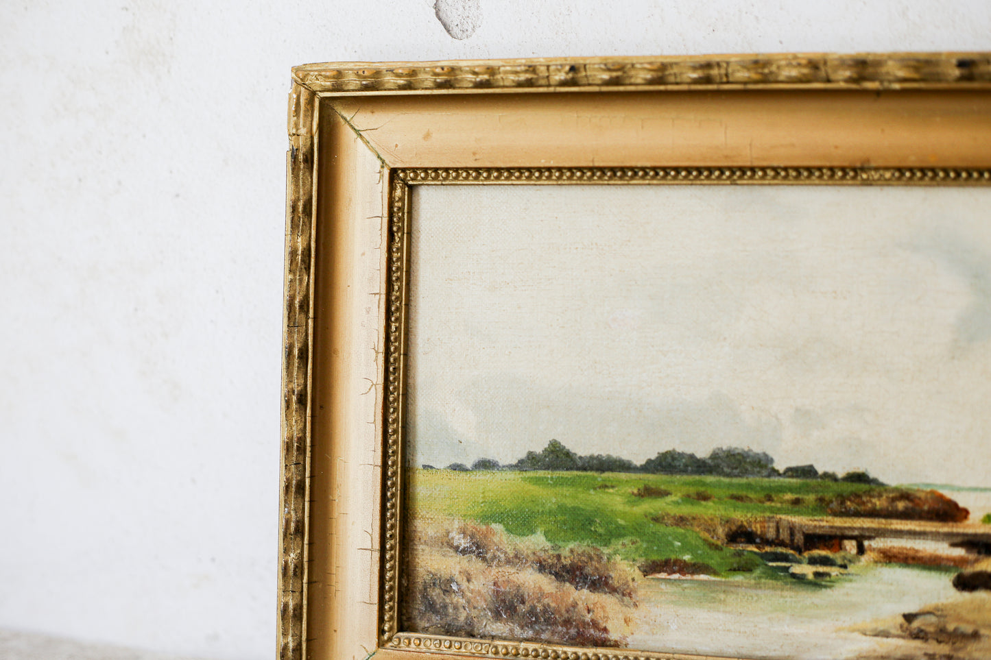 Antique 1904 Landscape Oil Painting on Canvas, Signed L.C. Warren, in Gilt Frame