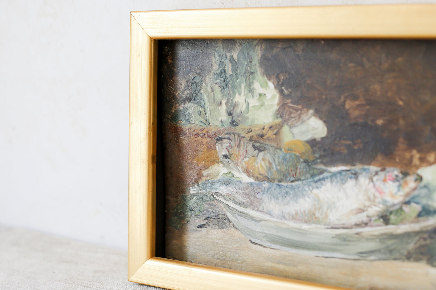 Still Life of Fish Framed Oil Painting on Board