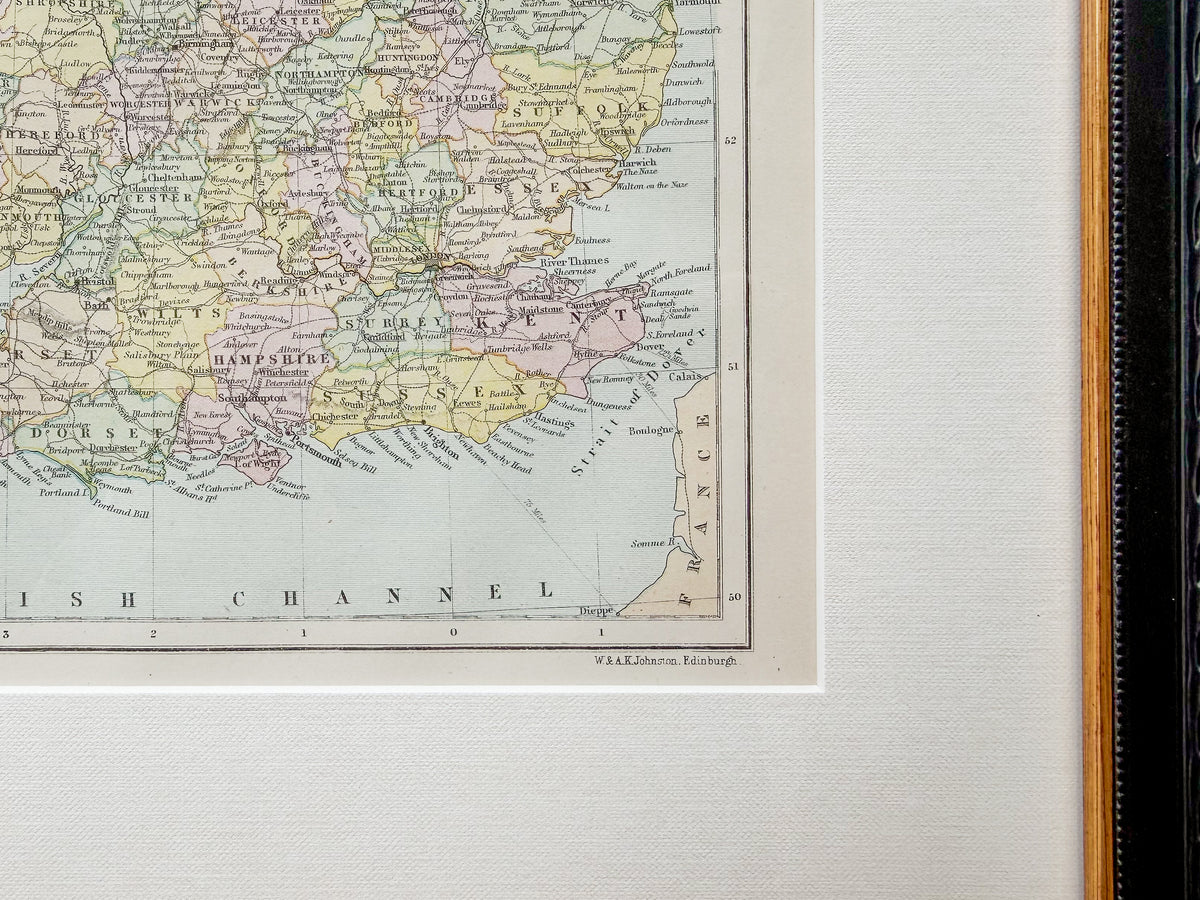 Antique 19th-Century Map of England & Wales by J. Bartholomew in Custom Black and Gold Frame