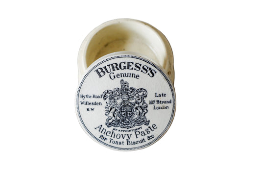 Burgesss anenovy paste container on a textured surface